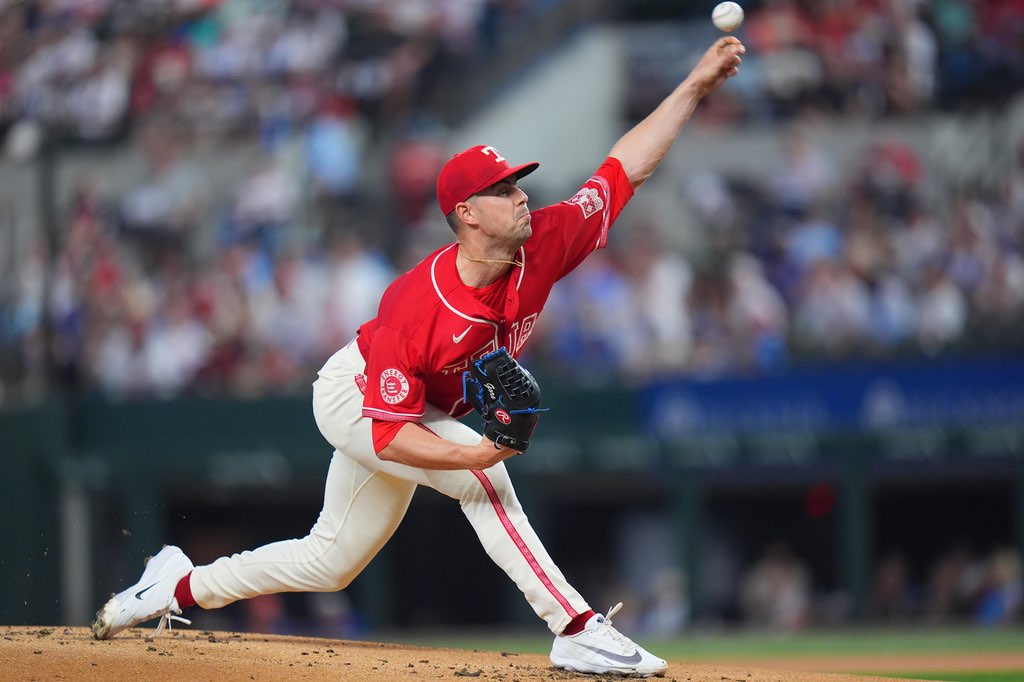 Texas Rangers starting pitcher MacKenzie Gore throws during the first inning of a baseball game against the Cincinnati Reds, Friday, May 29, 2026, in Arlington, Texas. (AP Photo/LM Otero)