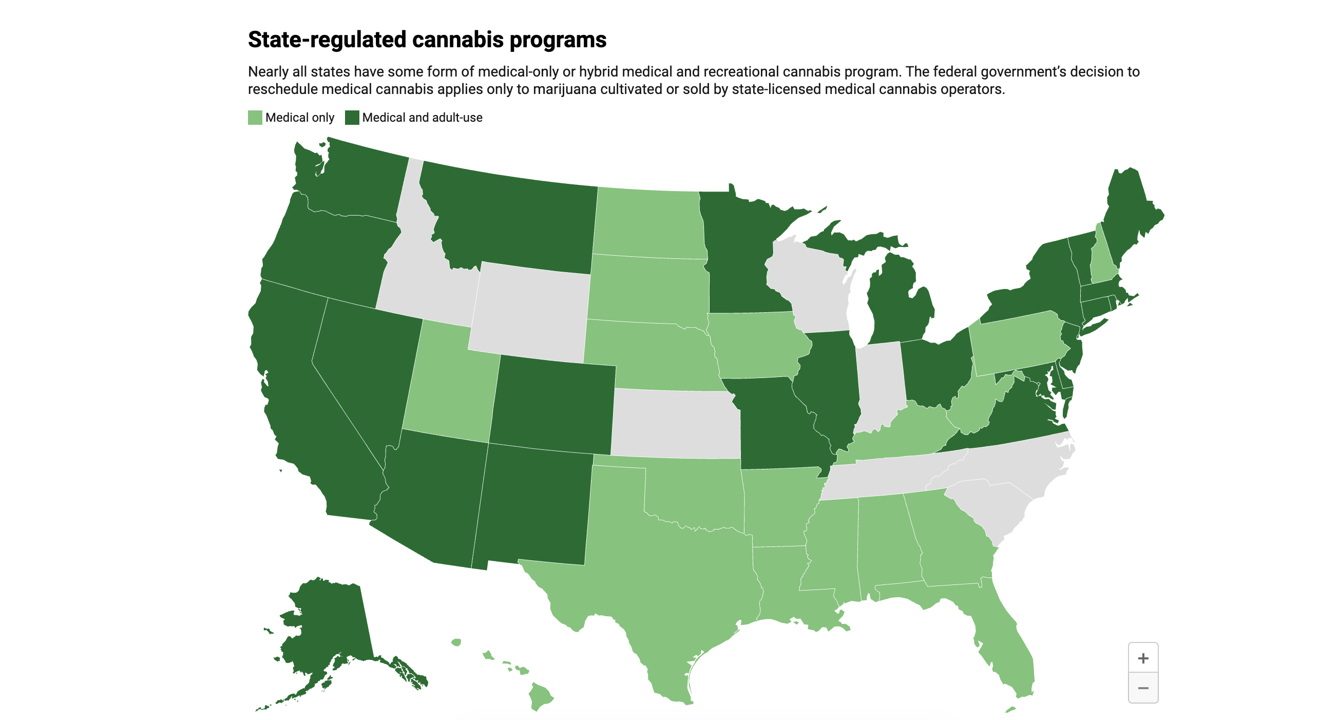 Gray states do not have a cannabis program. Map: Amanda Watford/StatelineSource: National Conference of State Legislatures, Stateline researchGet the dataEmbed Created with Datawrapper