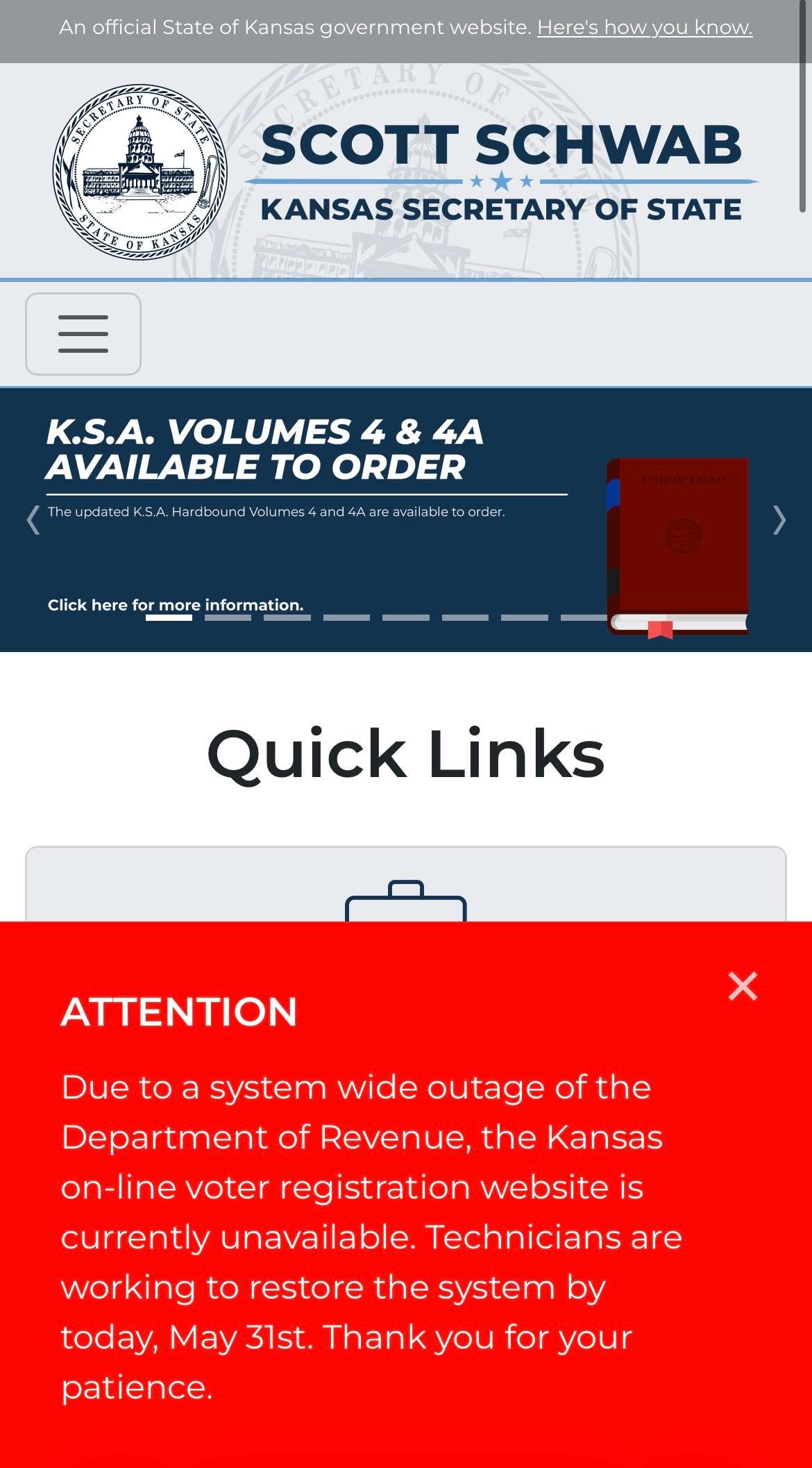 System-wide outage message on Secretary of State website as of May 31, 2026