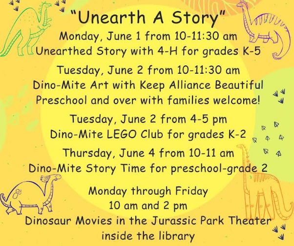 Unearth a Story Week Two schedule (courtesy Alliance Public Library)
