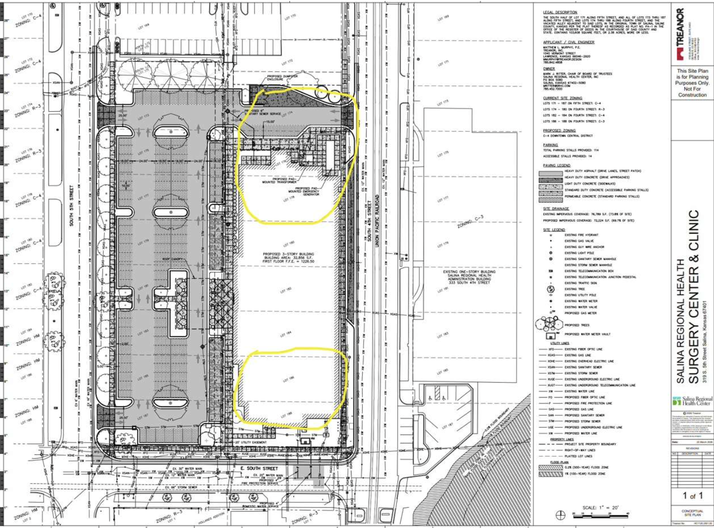 Highlighted are the requested rezoning lots 174, 176, 178 (top highlighted circle) and 186, 188 (bottom highlighted circle) for the surgery center and medical clinic - Screenshot from City of Salina Commission June 1, 2026 meeting