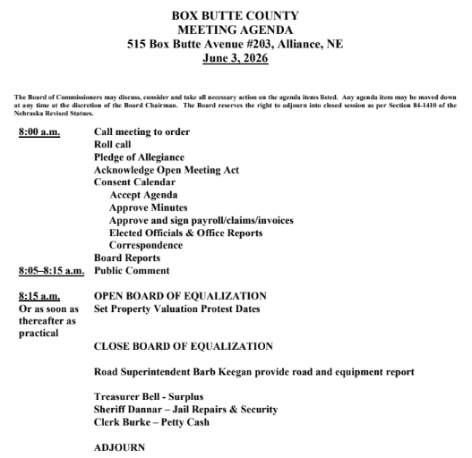 Box Butte County Meeting Agenda, June 3