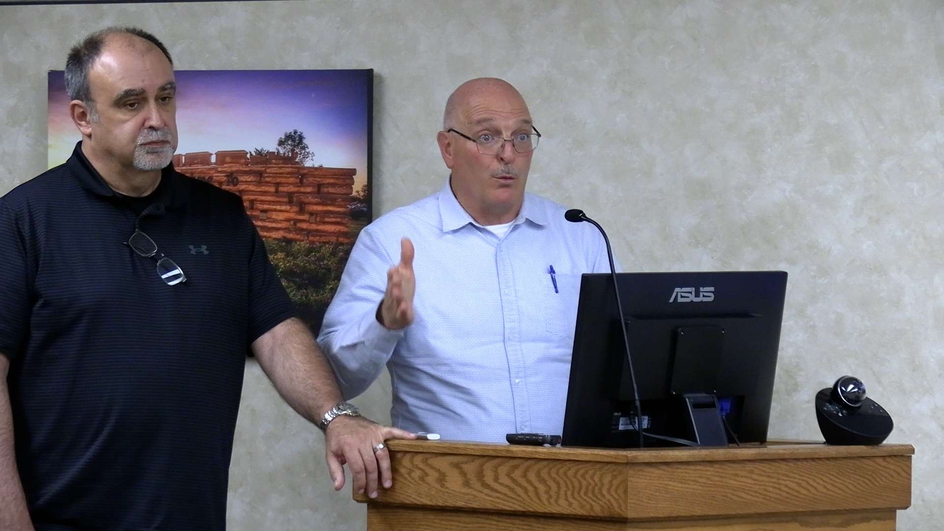 Wade Kruse, ACCESS Public Transportation manager and Jerry Michaud, Developmental Services of Northwest Kansas executive director, address the Hays City Commission on June 4 about the widening budget gap for ACCESS. Photos by Becky Kiser/Hays Post&nbsp;