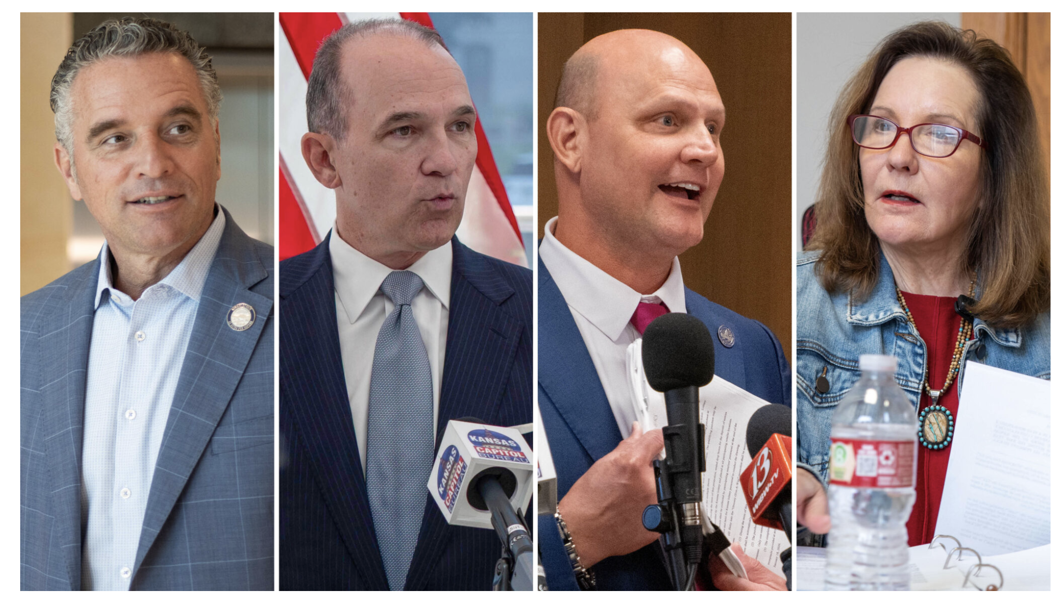  From left, Senate President Ty Masterson, businessman Philip Sarnecki, Secretary of State Scott Schwab and former Johnson County commissioner Charlotte O’Hara are among Republicans seeking the party’s nomination for governor. (Composite from Kansas Reflector photos)