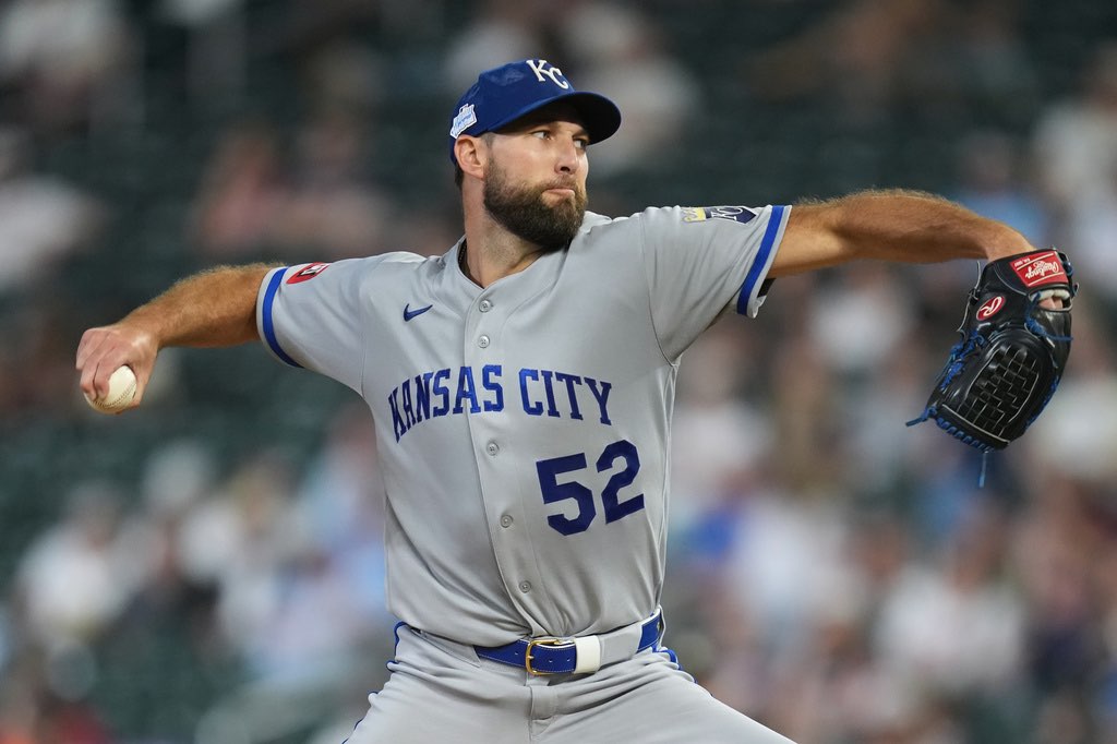 Kansas City Royals starting pitcher Michael Wacha delivers during the fourth inning of a baseball game against the Minnesota Twins, Friday, June 5, 2026, in Minneapolis. (AP Photo/Abbie Parr)
