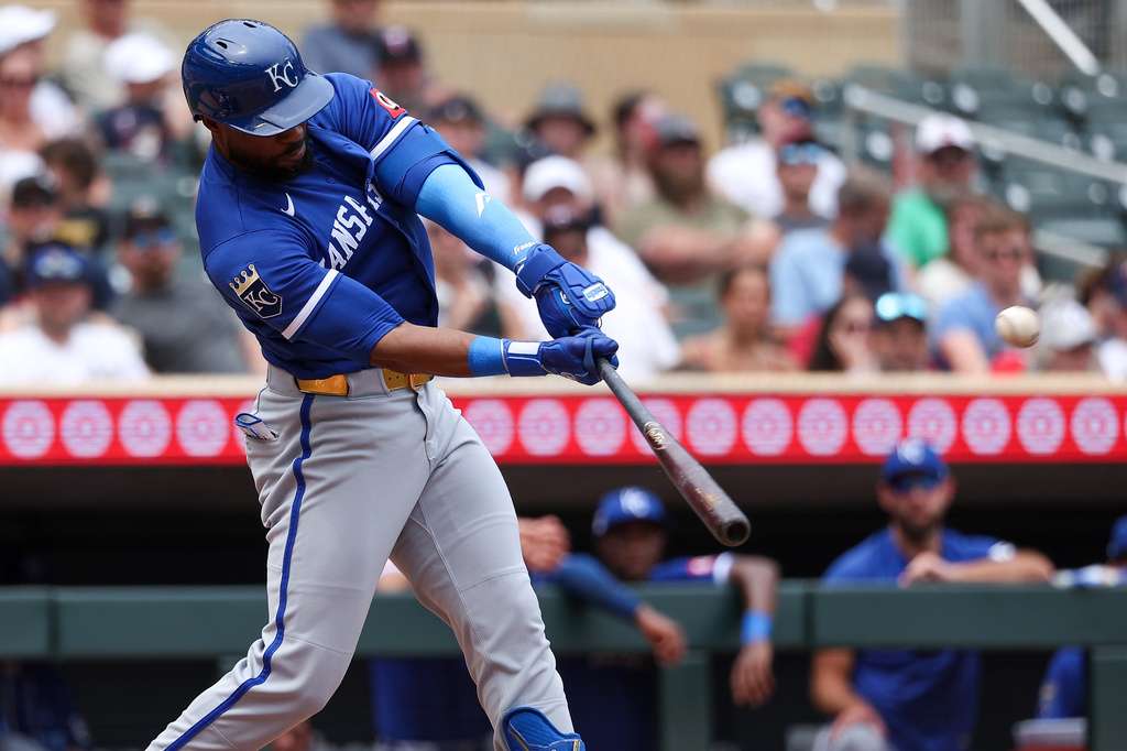 Kansas City Royals designated hitter Starling Marte hits a three-run home run against the Minnesota Twins during the fifth inning of a baseball game, Sunday, June 7, 2026, in Minneapolis. (AP Photo/Matt Krohn)