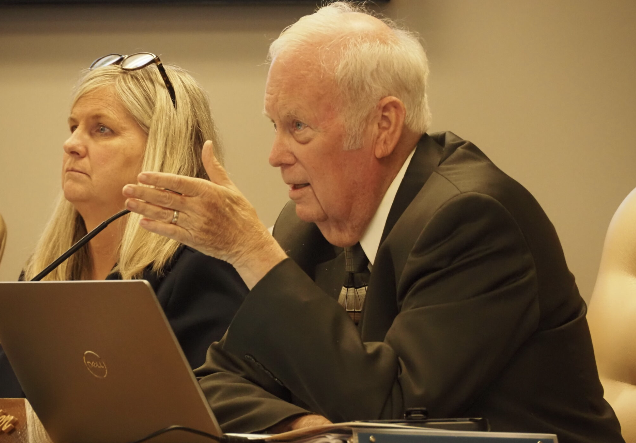Michelle Dombrosky of Olathe and Jim Porter of Fredonia are among five Republicans on the Kansas Board of Education choosing not to seek reelection in 2026. Fourteen candidates will compete in the August primary election for GOP and Democratic nominations leading to the November general election. This is an image from a July 8, 2025, state board meeting in Topeka. (Photo by Anna Kaminski/Kansas Reflector)