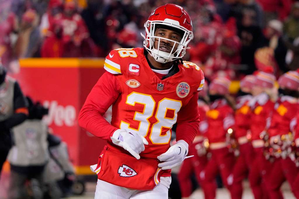 Kansas City Chiefs cornerback L'Jarius Sneed is introduced prior to an NFL wild-card playoff football game against the Miami Dolphins on Jan. 13, 2024, in Kansas City, Mo. (AP Photo/Ed Zurga, File)