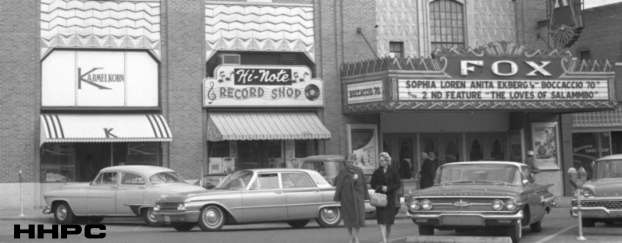 Karmelkorn Shop - 14 E. 1st & Hi-Note Record Shop - 16 E. 1st & Fox Theatre - 18 E. 1st - 1962. Courtesy of the Conard-Harmon Collection.