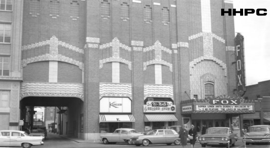 Karmelkorn Shop - 14 E. 1st & Hi-Note Record Shop - 16 E. 1st & Fox Theatre - 18 E. 1st - 1962. Courtesy of the Conard-Harmon Collection.