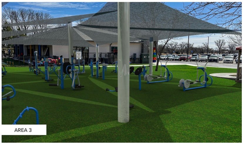Pictured above is one of three areas that the lifelong Vitality project will construct. Area 3 features shaded fitness equipment focused on cardiovascular health and strength training. Photo courtesy of the Center for Health Improvement. 