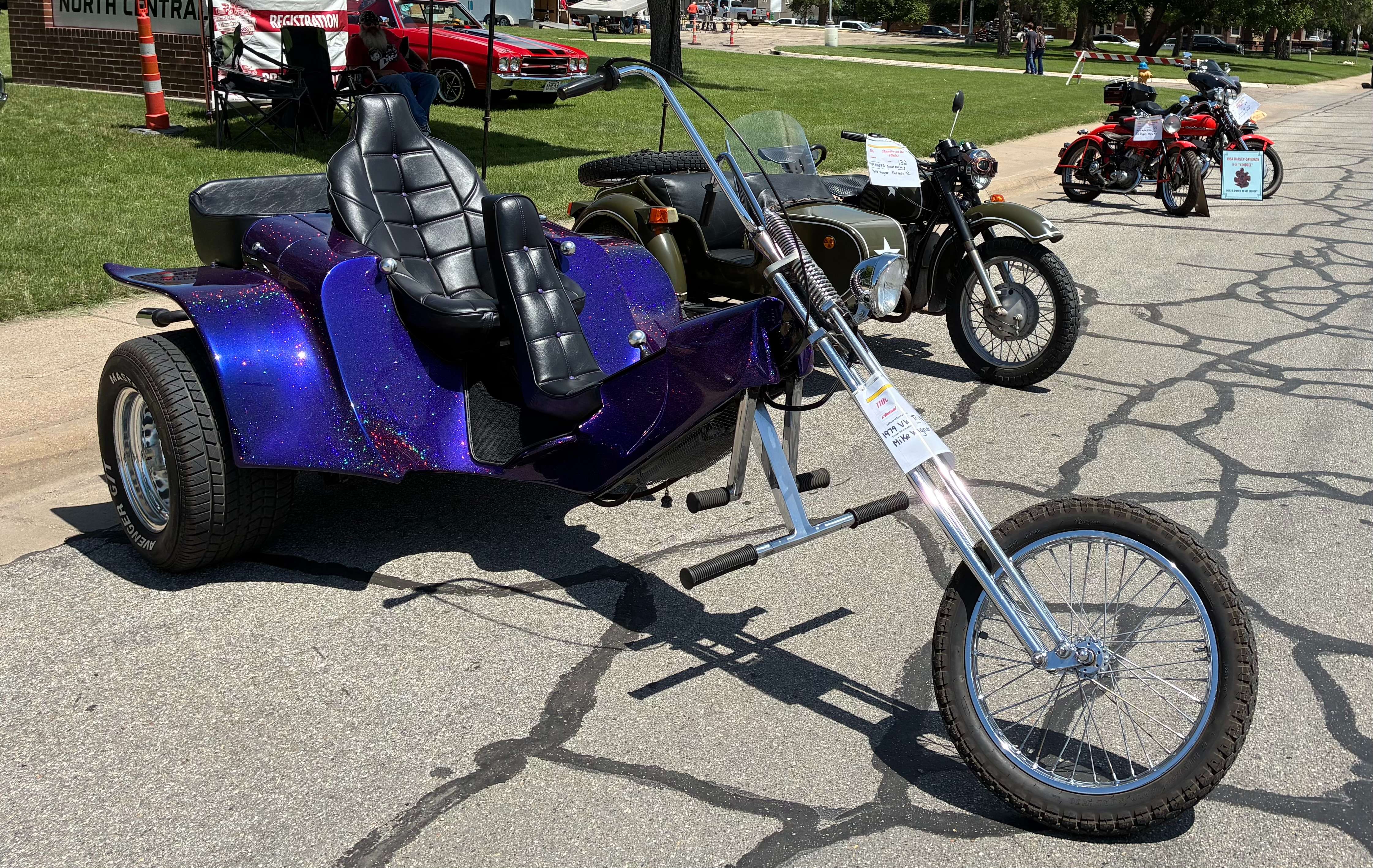 A collection of motorcycles from owner Mike Wagner. From left is a 1979 Volkswagen Trike and a 1979 DNEPR Soviet Union Motorcycle. Photo by Alin Hett/Hays Post