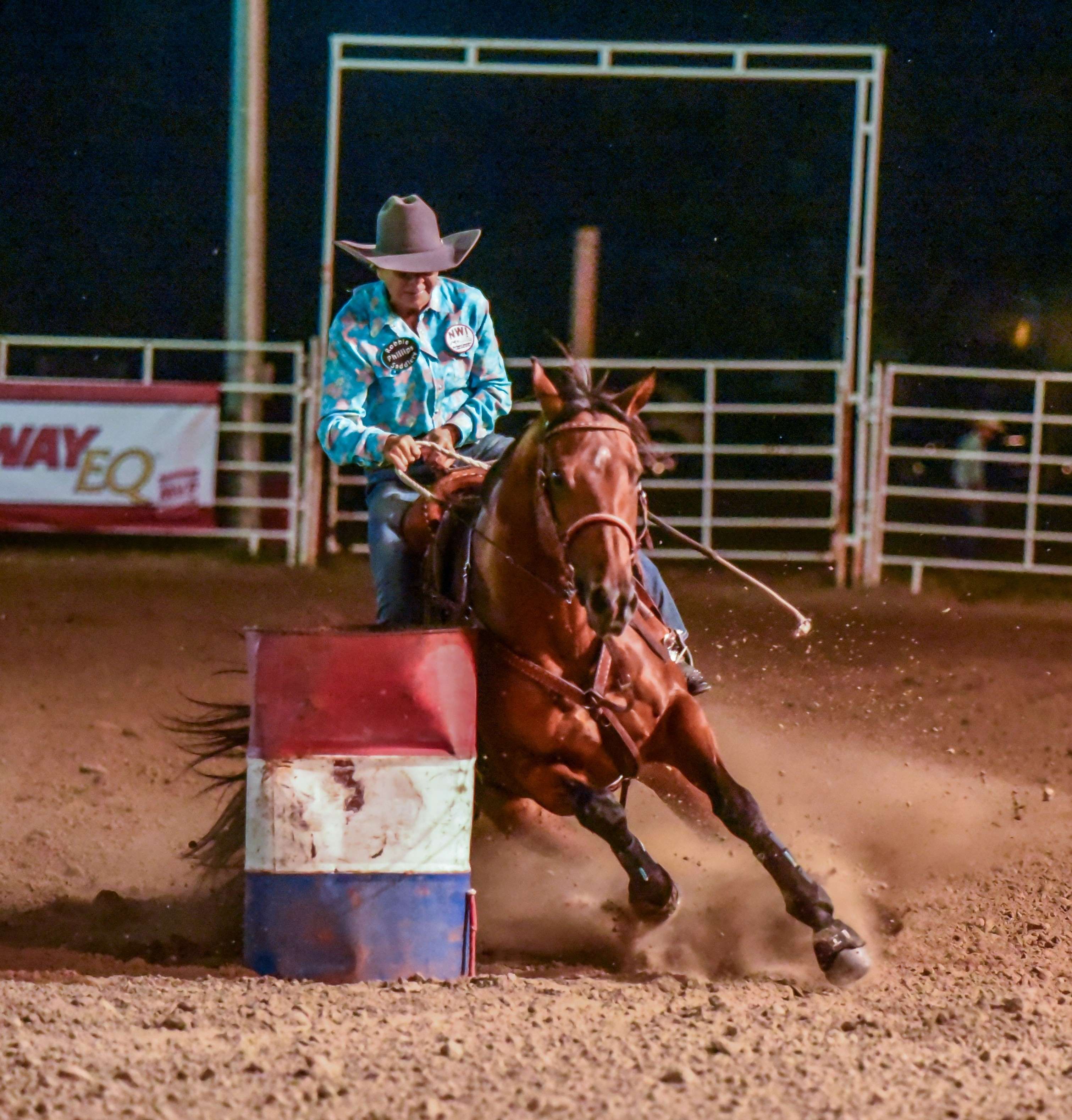 Gayle White competes at the 2024 Mid-States Rodeo Association Finals. The veteran barrel racer will compete in North Platte at the Buffalo Bill Rodeo this week. (Photo by Susan Hoover)
