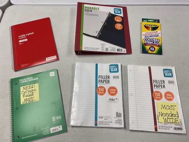 These are the school supplies in greatest need at press time for Backpacks for Kids, clockwise from upper left: Wide-ruled spiral notebooks, one-inch 3-ring hard cover binders (any color), 12-pack colored pencils, college-ruled spiral notebooks and college-ruled and wide-ruled notebook paper. Courtesy photo<br>