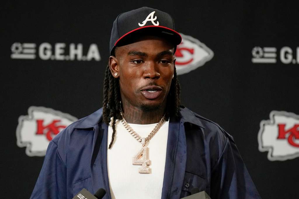 Kansas City Chiefs wide receiver Rashee Rice speaks during a news conference following an NFL football game against the Indianapolis Colts, Nov. 23, 2025, in Kansas City, Mo. (AP Photo/Charlie Riedel, File)