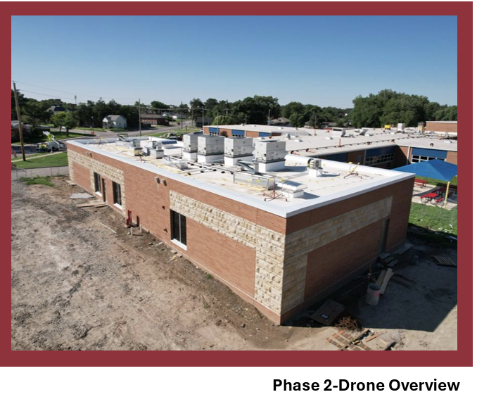 A photo shot from a drone showing the exterior of the north O'Loughlin addition. The addition will house classrooms that will also double as a storm shelter.&nbsp;Courtesy photo