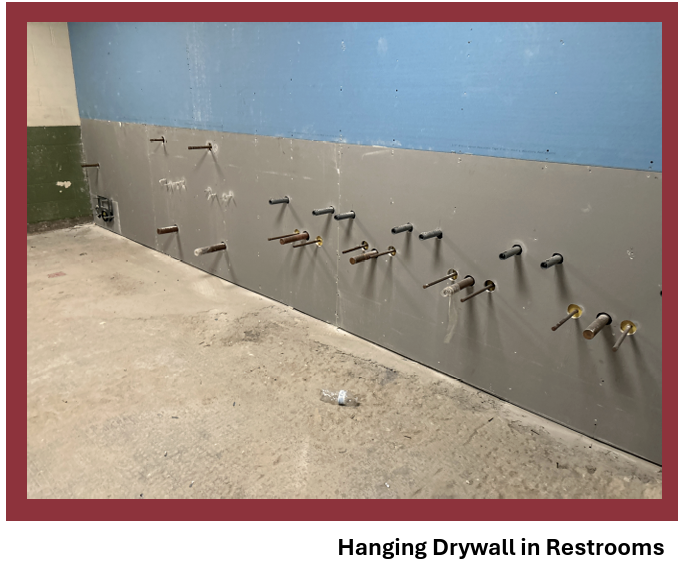 Dry wall is being hung in the new restroooms. Restrooms were added for the lower grades at the school.&nbsp;Courtesy photo