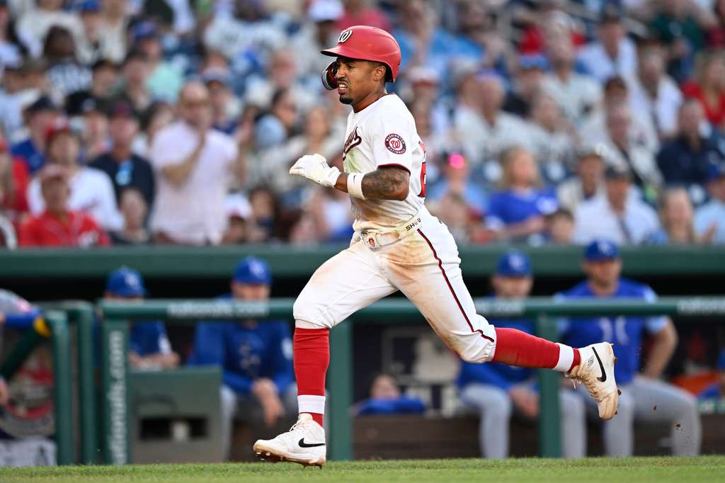 Washington Nationals' Nasim Nuñez heads to home for a score during the third inning of a baseball game against the Kansas City Royals, Tuesday, June 16, 2026, in Washington. (AP Photo/John McDonnell)