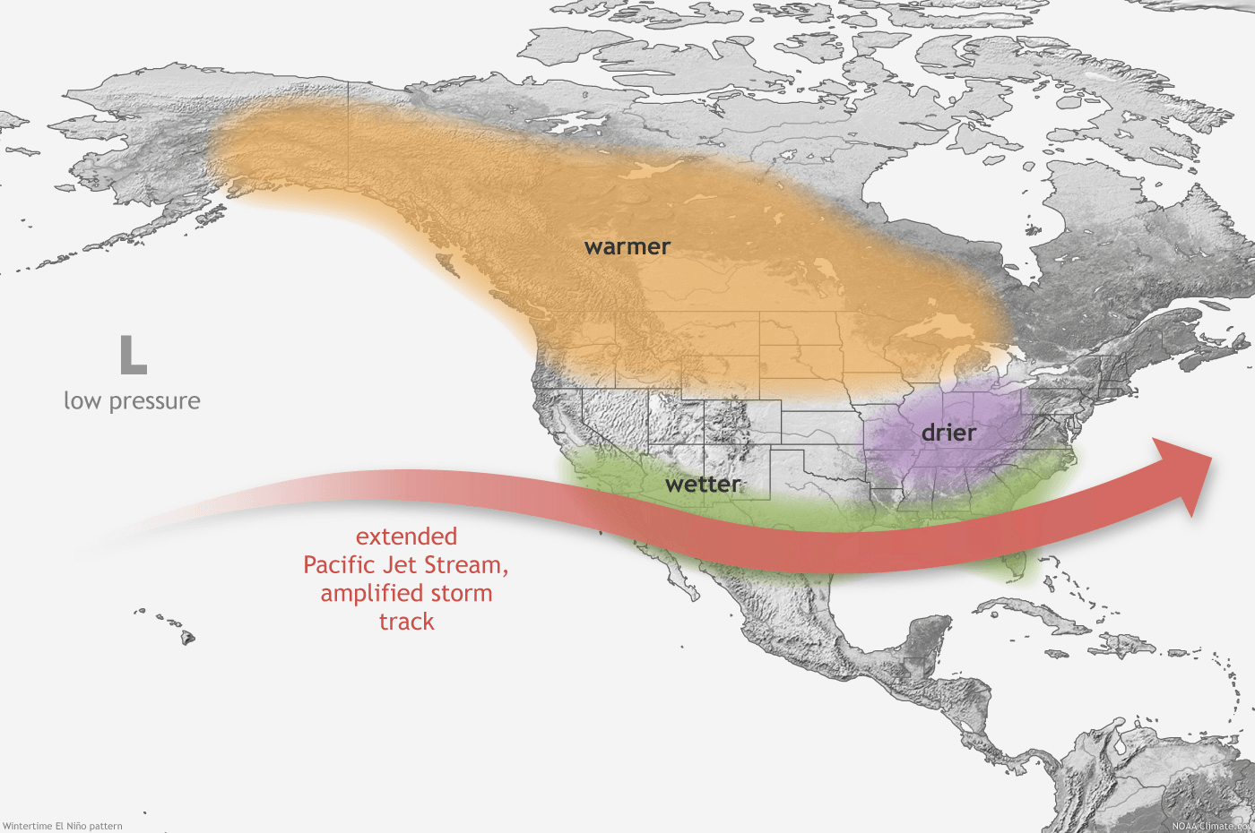 This map shows the typical impacts of El Nino to the continental U.S. and Canada during Northern Hemisphere winter. (Image credit: NOAA)
