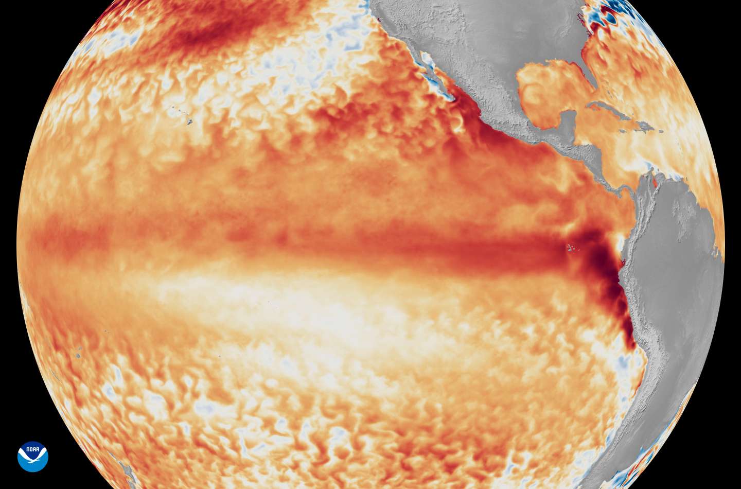 Satellite imagery showing the difference from average sea surface temperatures at the equator in the tropical Pacific Ocean (depicted using various shades of red and orange for warmth) during the first week of June 2026, as compared with the baseline used by NOAA’s Coral Reef Watch. (Image credit: NOAA Satellites )