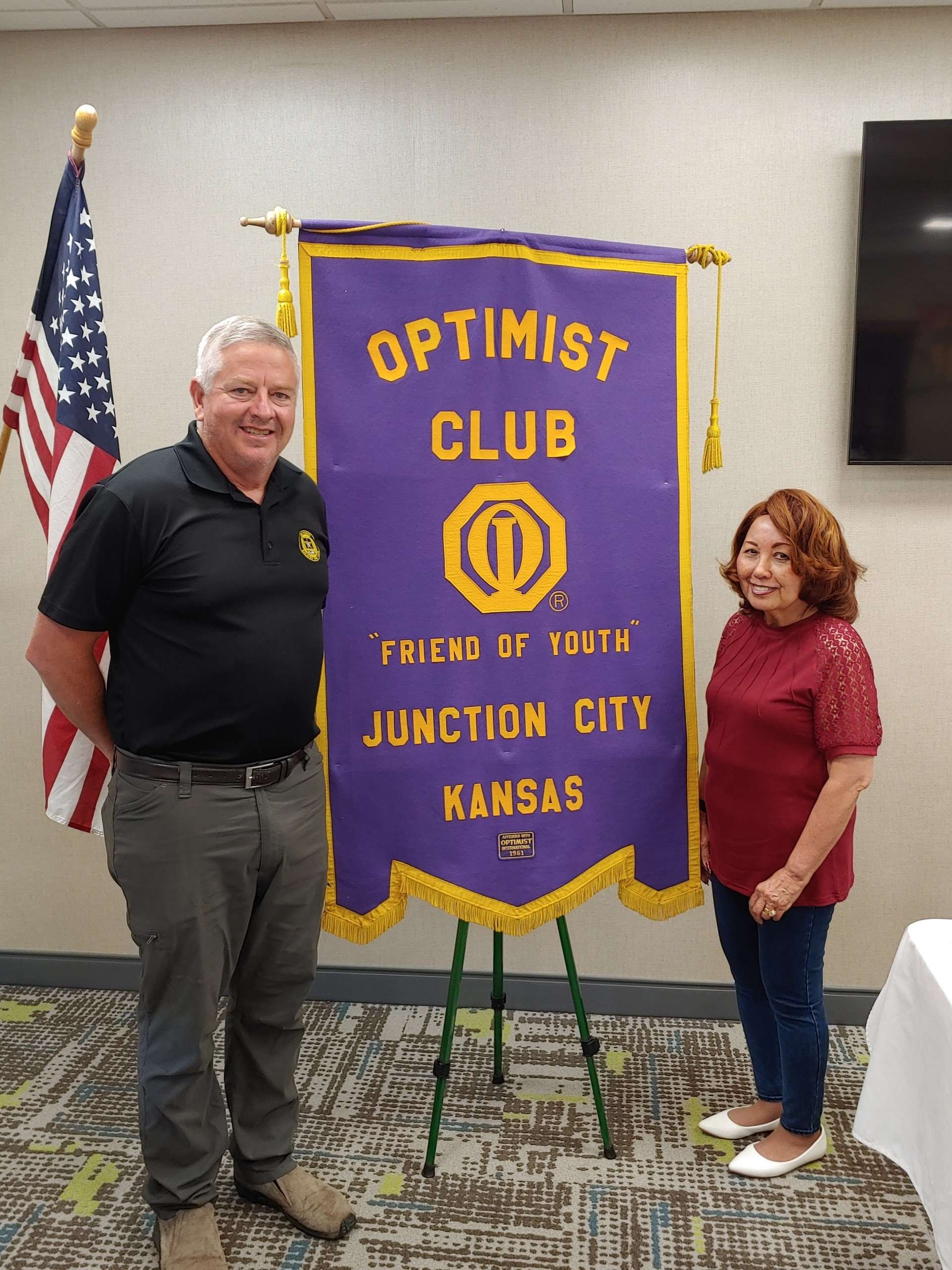 Pictured left to right are CSM Craig Erickson and Nita Miller, JC Breakfast Optimist Club President. 