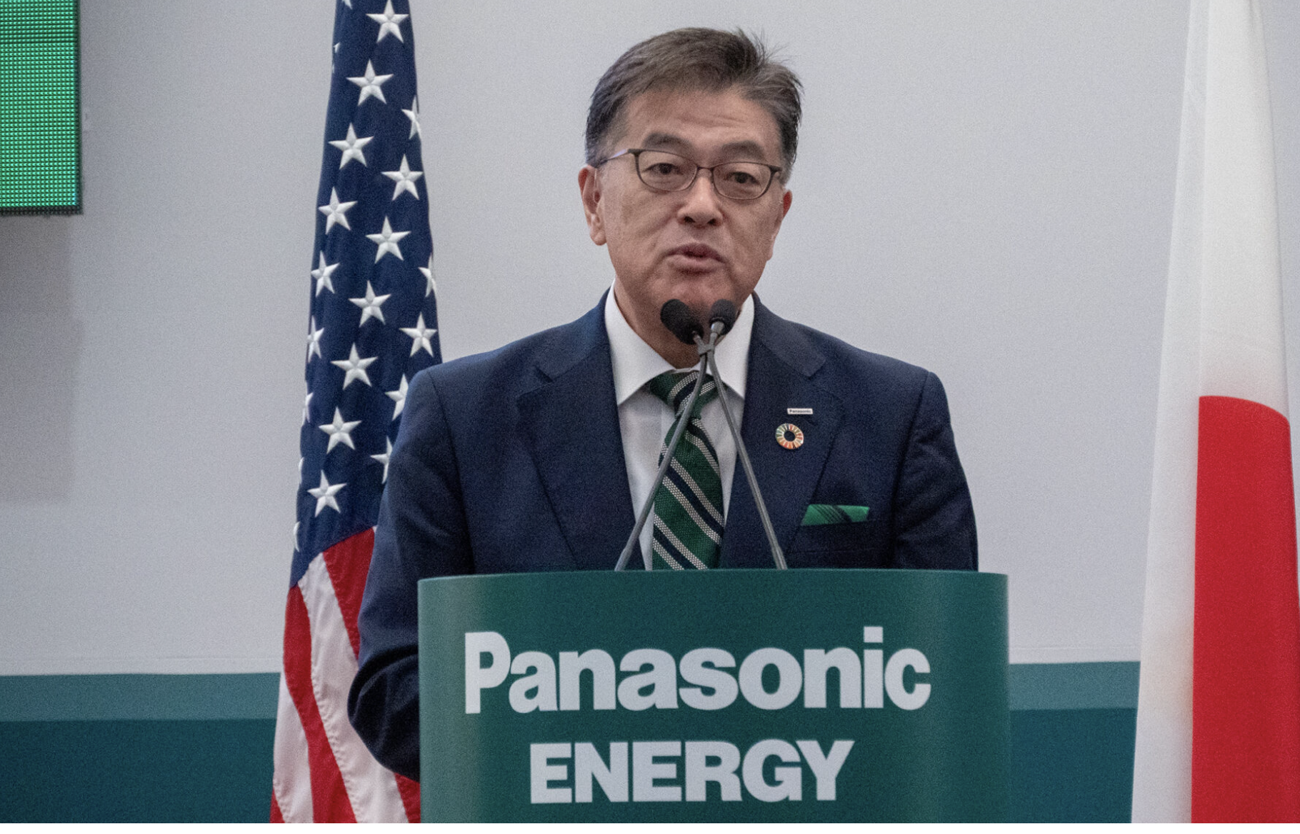 Yuki Kusumi, CEO of Panasonic Holdings Corp., shown here at the grand opening of the De Soto, Kansas, electric vehicle plant, said in a June investor call that the company will invest nearly $3 billion to shift toward supporting artificial intelligence and data center devices, infrastructure and services. (Photo by Morgan Chilson/Kansas Reflector)