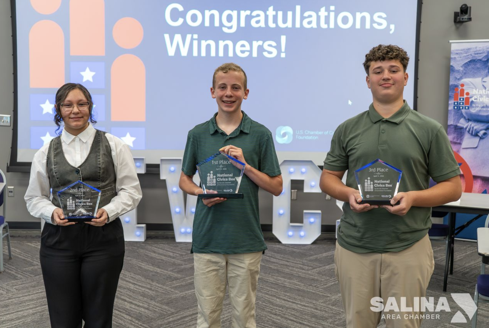 Finalists of the 2026 Regional National Civics Bee, hosted by the Salina Area Chamber of Commerce on April: <b>Zaida Correa-Vasquez, 2nd place </b>(Pictured left: Salina South Middle School) \<b> Colin Burke, 1st place</b> (Pictured middle: Salina South Middle School) \ <b>Gabe Rocha, 3rd place</b> (Pictured right: Lakewood Middle School) - Photo, Salina Area Chamber of Commerce