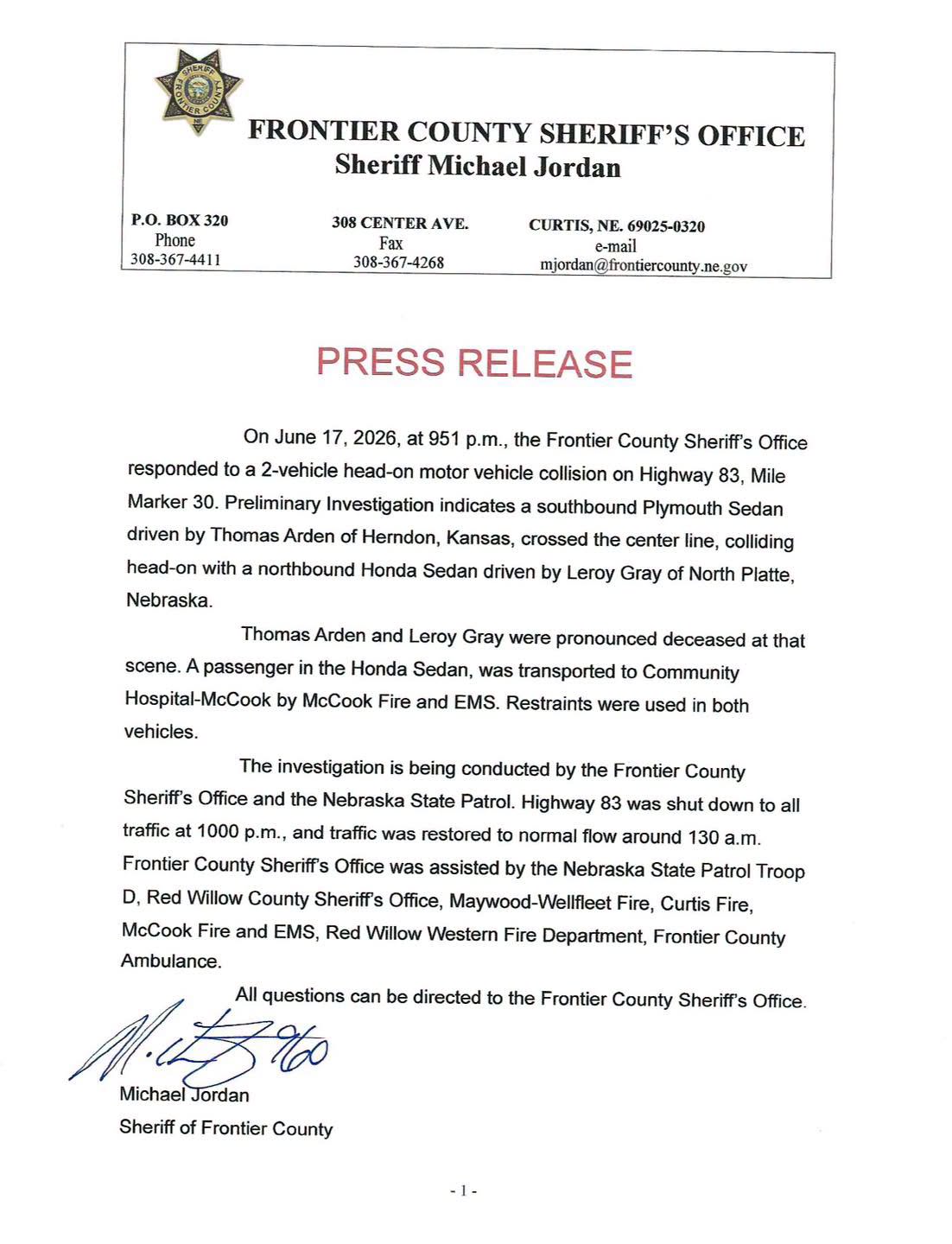 Frontier County Sheriff's Office Press Release. Head on collision on Hwy 83, June 17, 2026.