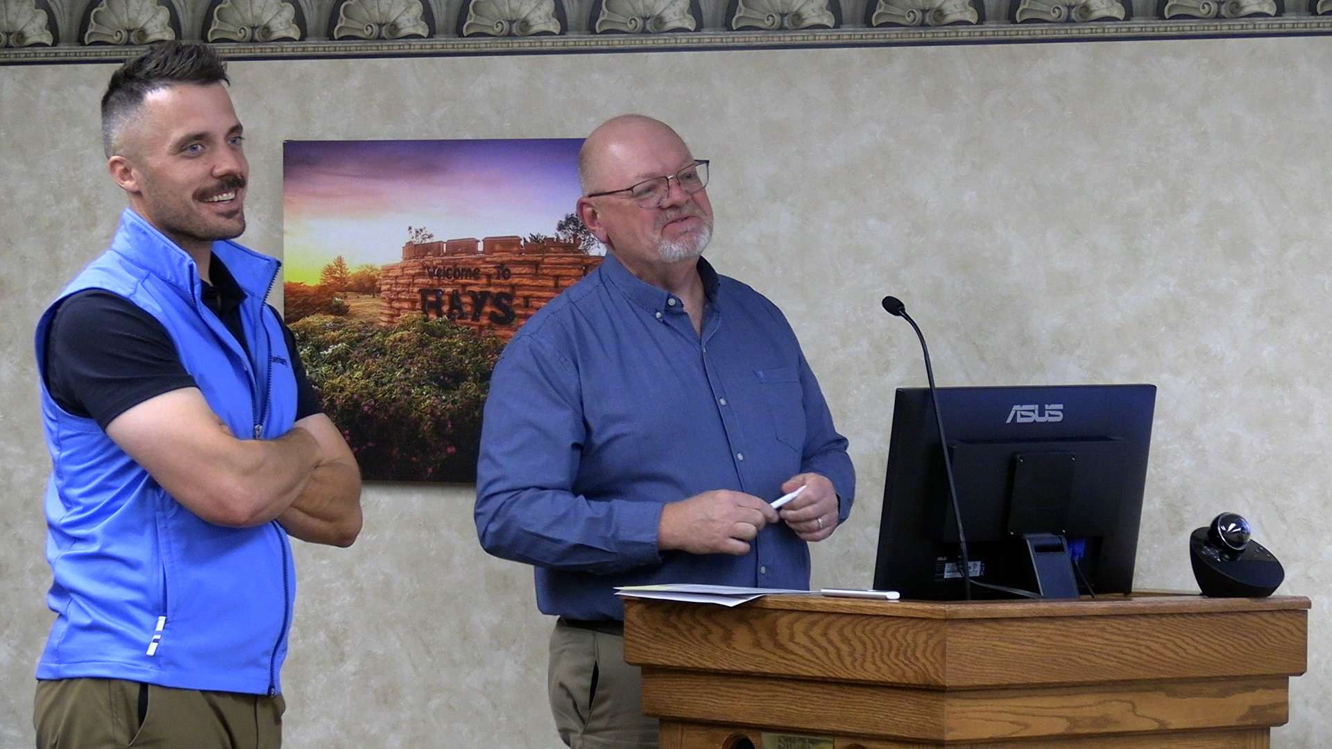Taylor Pfannenstiel, Insurance Planning Incorporated, and Kim Rupp, Hays finance director, talk to commissioners about the city's insurance policy for property and liability. Photo by Becky Kiser/Hays Post