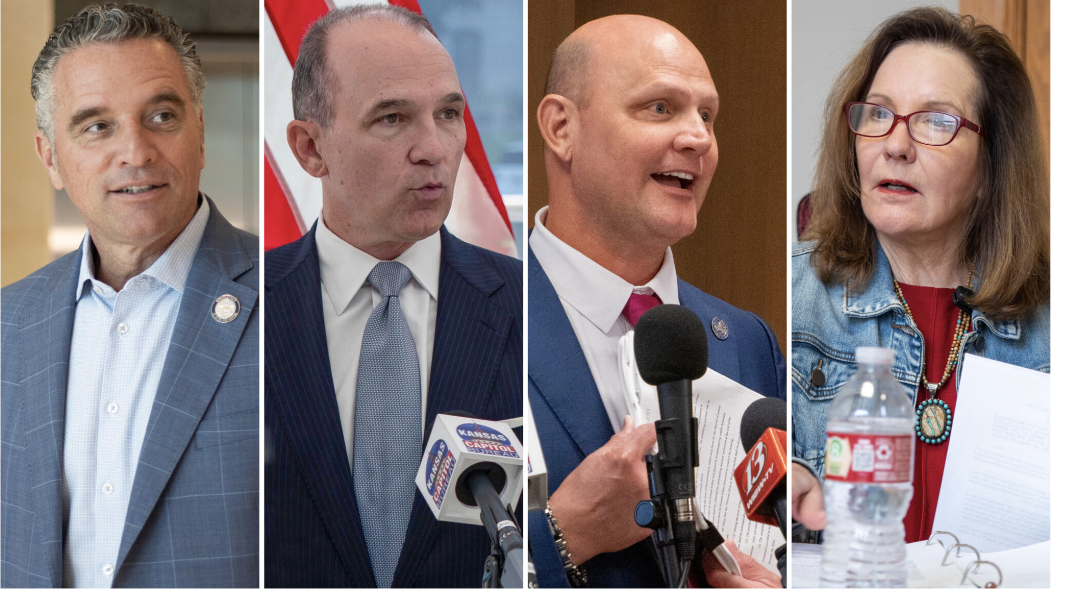 Four Republican candidates for Kansas governor, from left, Kansas Senate President Ty Masterson of Andover, Johnson County businessman Philip Sarnecki, Secretary of State Scott Schwab of Overland Park and former Johnson County commissioner Charlotte O’Hara of Overland Park, share insights into their political agendas at a Wichita candidate forum. (Composite from Kansas Reflector photos)