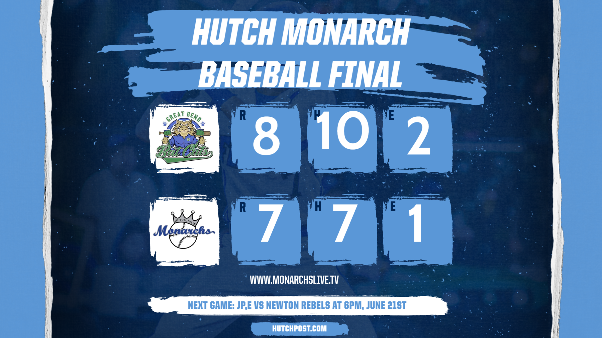 Great Bend scores in the top of the elleventh to hold on to an 8=7 wing over the Hutch Monarchs on Cancer awarenes night.