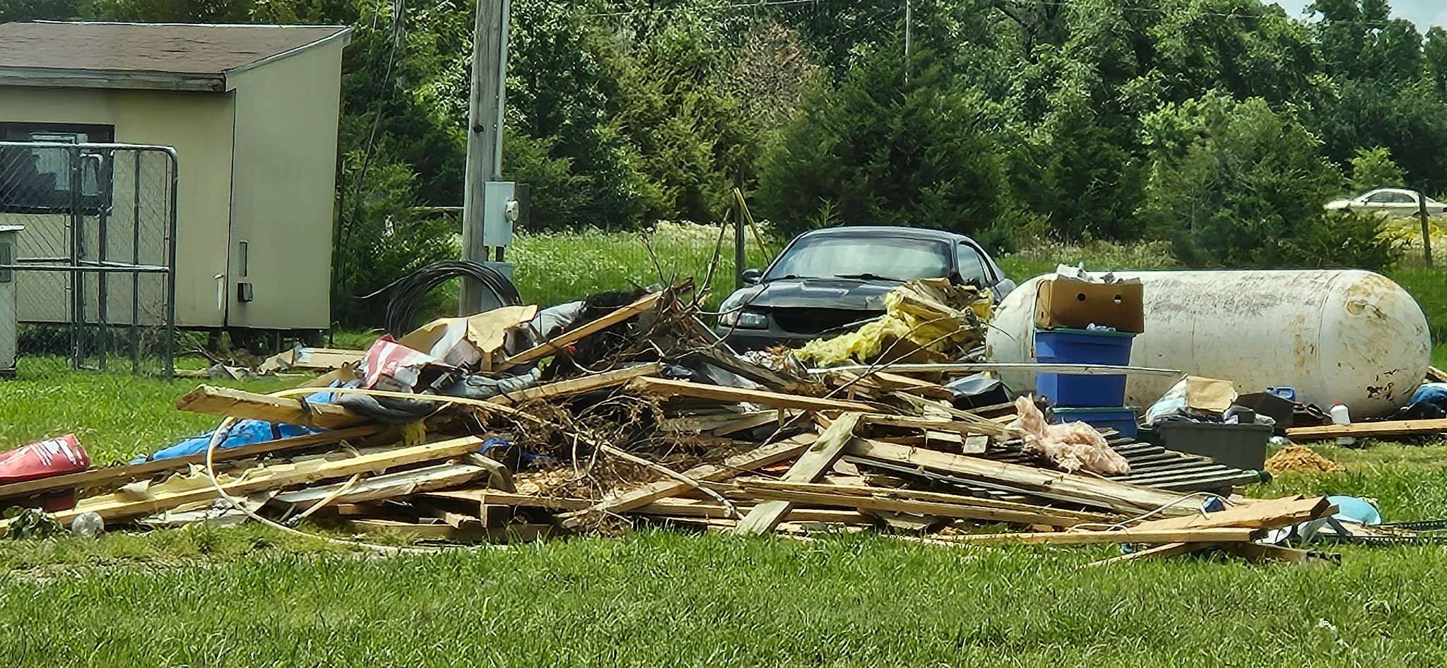 Damage left from an EF tornado that touched down east of Sedgwick in the early morning hours in the early morning hours of June 21, 2026. (Photo courtesy of Karen Boston)