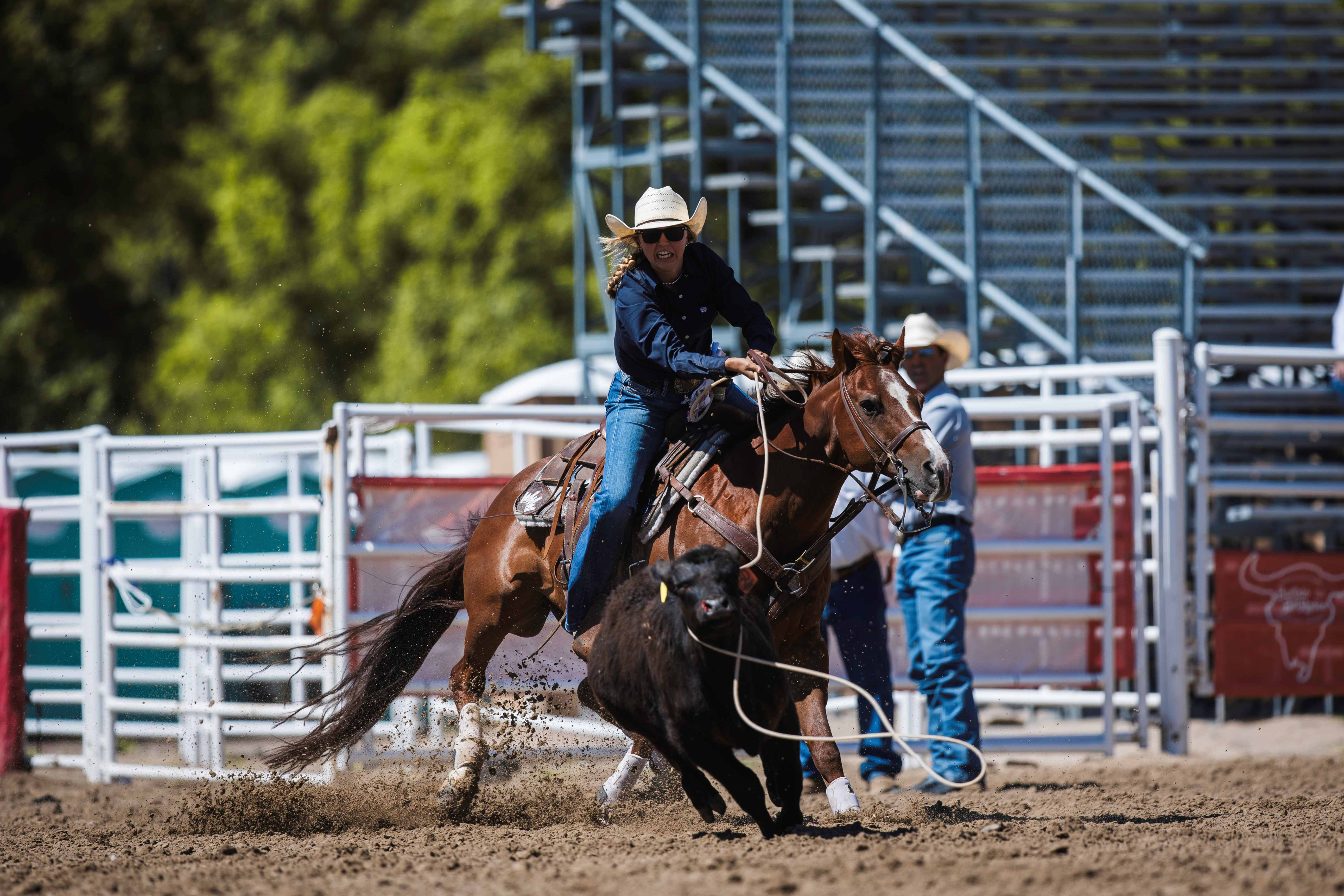 Breakaway roper Madison Richmann has punched her ticket to the Cheyenne Frontier Days with her win at the Buffalo Bill Rodeo. She turned in a time of 2.4 seconds. Photo by Clay Guardipee, Rodeo Ready.