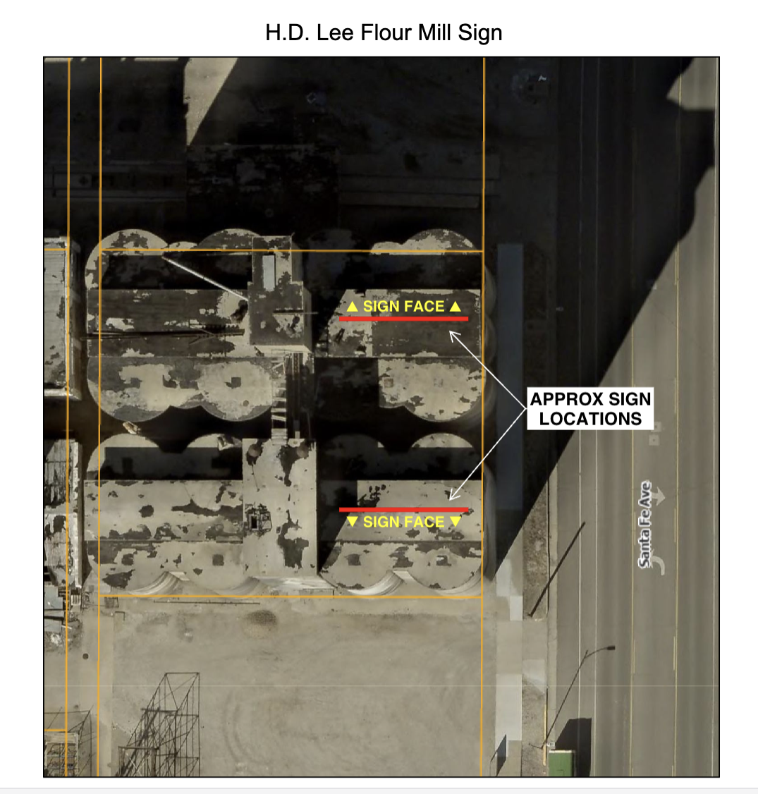 Designated areas where the H.D. Lee Flour Mills historic signs will be located - Screenshot, Salina City Commission agenda June 22, 2026