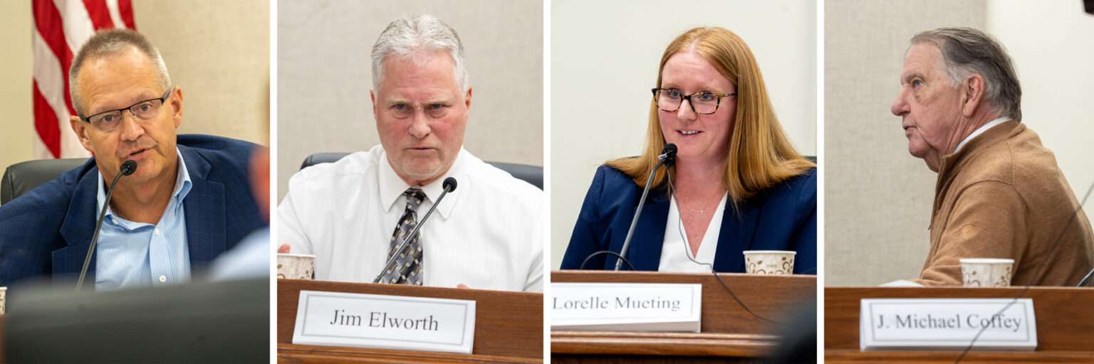 Commissioners on the Nebraska Medical Cannabis Commission during an April 13, 2026, meeting. From left, Commissioners Bud Synhorst of Lincoln, Jim Elworth of Nebraska City, Lorelle Mueting of Gretna (interim chair) and J. Michael Coffey of Omaha. All but Mueting also serve on the Nebraska Liquor Control Commission. (Zach Wendling/Nebraska Examiner)