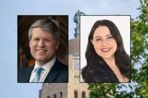 The 2026 candidates for Nebraska attorney general: Republican Attorney General Mike Hilgers, left, and Democrat Jocelyn Brasher of Omaha. (Photos courtesy of the candidates/campaigns | Nebraska Capitol photo by Zach Wendling/Nebraska Examiner)
