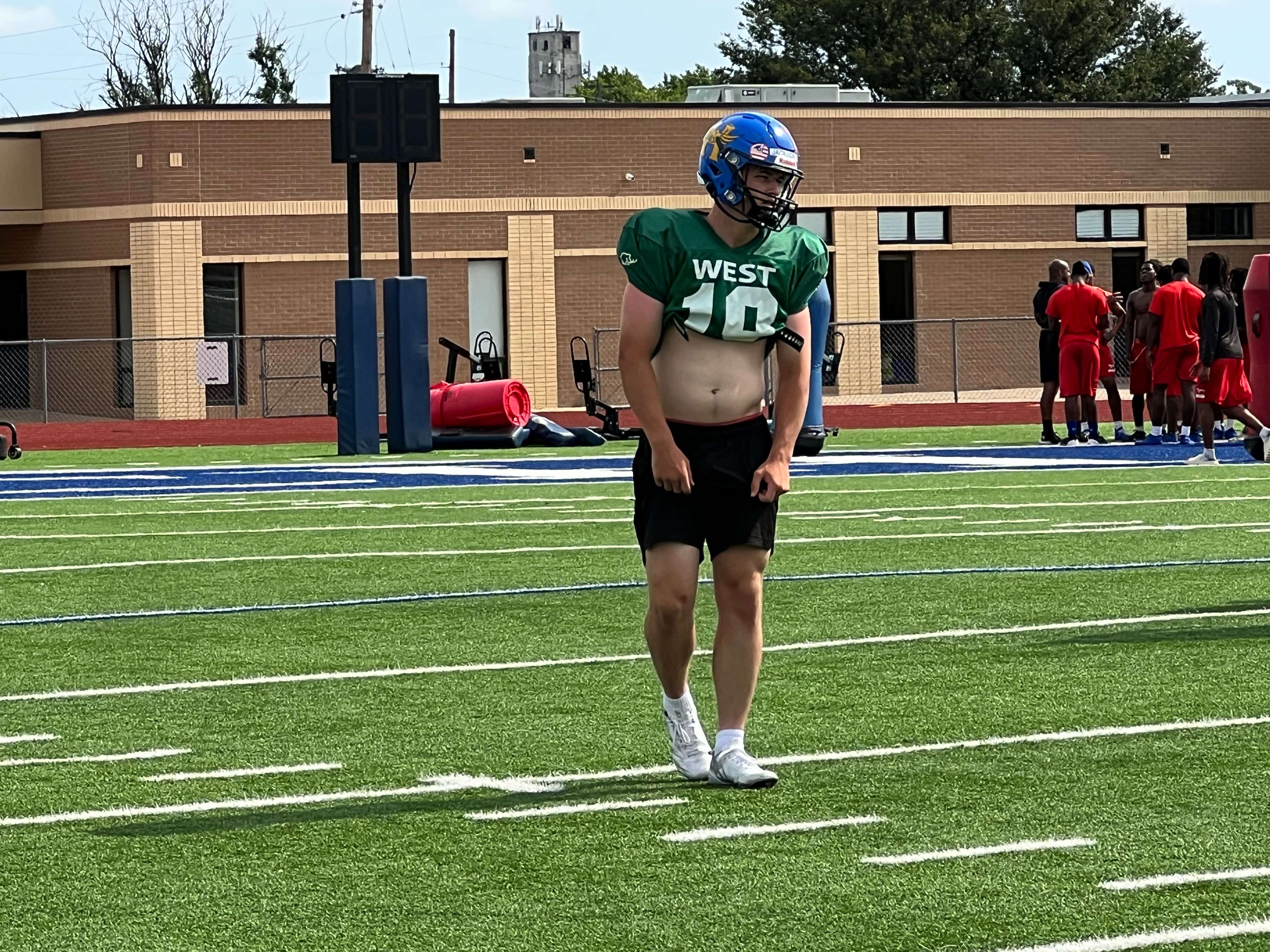 Jackson Anderson goes through drills during Kansas Shrine Bowl West Team camp Tuesday, June 23, 2026, at Gowans Stadium in Hutchinson, Kan. (Hutch Post Photo/Sean Boston)
