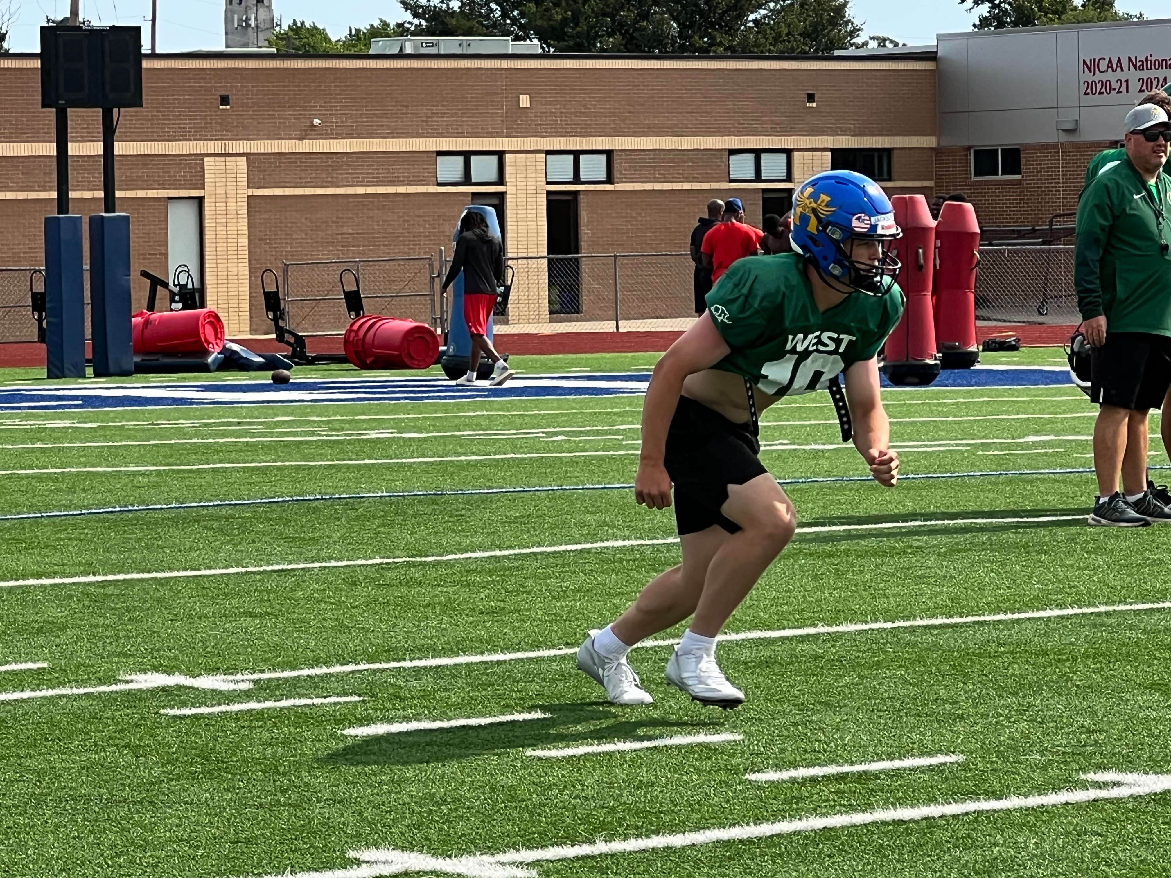 Jackson Anderson goes through drills during Kansas Shrine Bowl West Team camp Tuesday, June 23, 2026, at Gowans Stadium in Hutchinson, Kan. (Hutch Post Photo/Sean Boston)