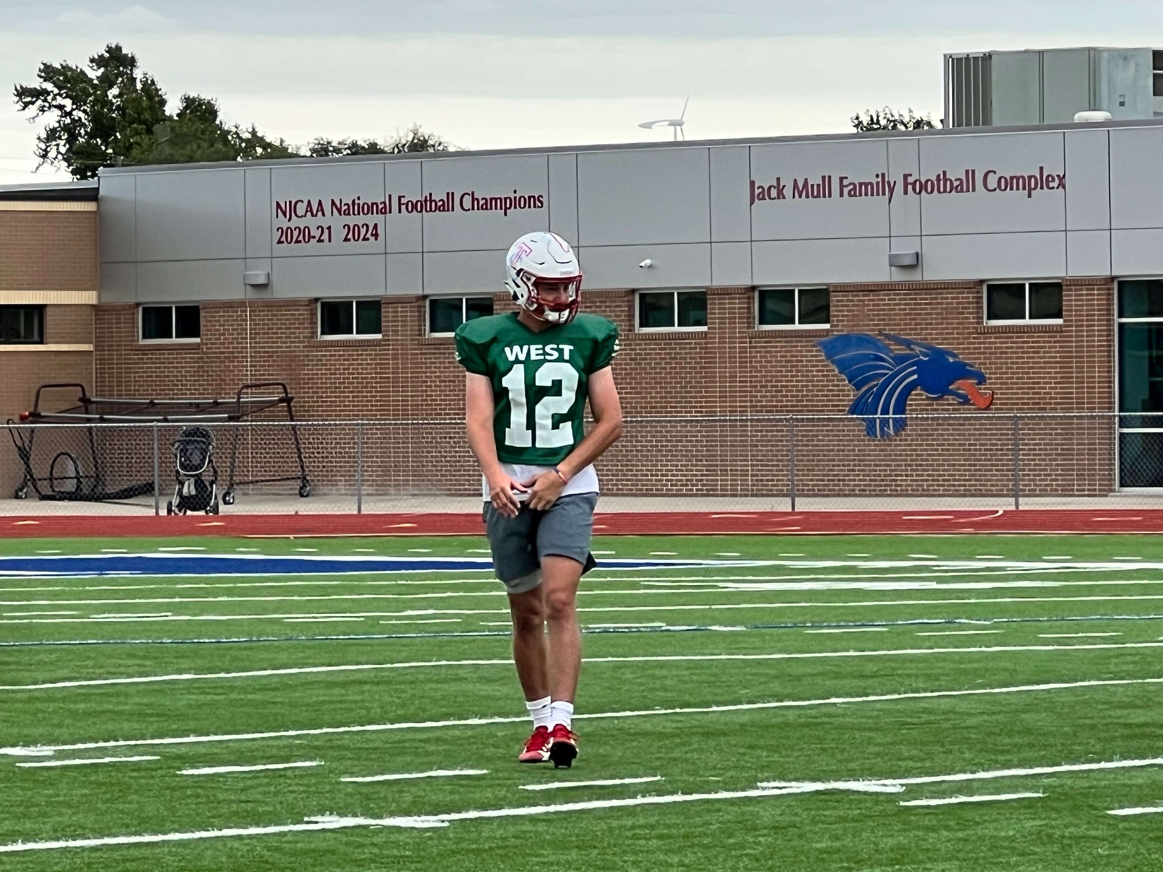Trinity Catholic’s Drew Dechant takes part in Kansas Shrine Bowl West Team camp Tuesday, June 23, 2026, at Gowans Stadium in Hutchinson, Kan. Dechant will play defensive back for the West Team in Saturday’s Kansas Shrine Bowl.