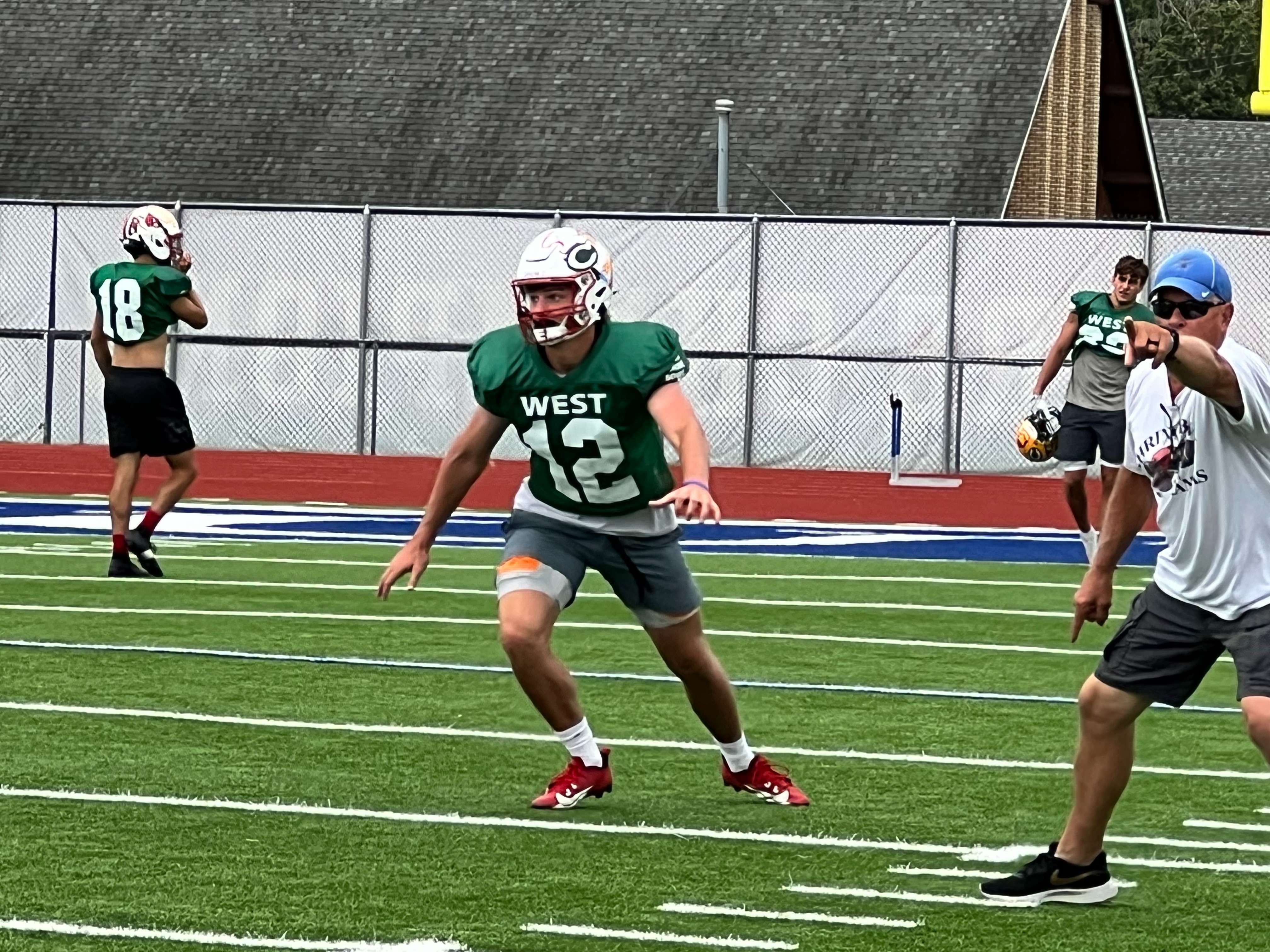 Trinity Catholic’s Drew Dechant takes part in Kansas Shrine Bowl West Team camp Tuesday, June 23, 2026, at Gowans Stadium in Hutchinson, Kan. Dechant will play defensive back for the West Team in Saturday’s Kansas Shrine Bowl. (Hutch Post Photo/Sean Boston)