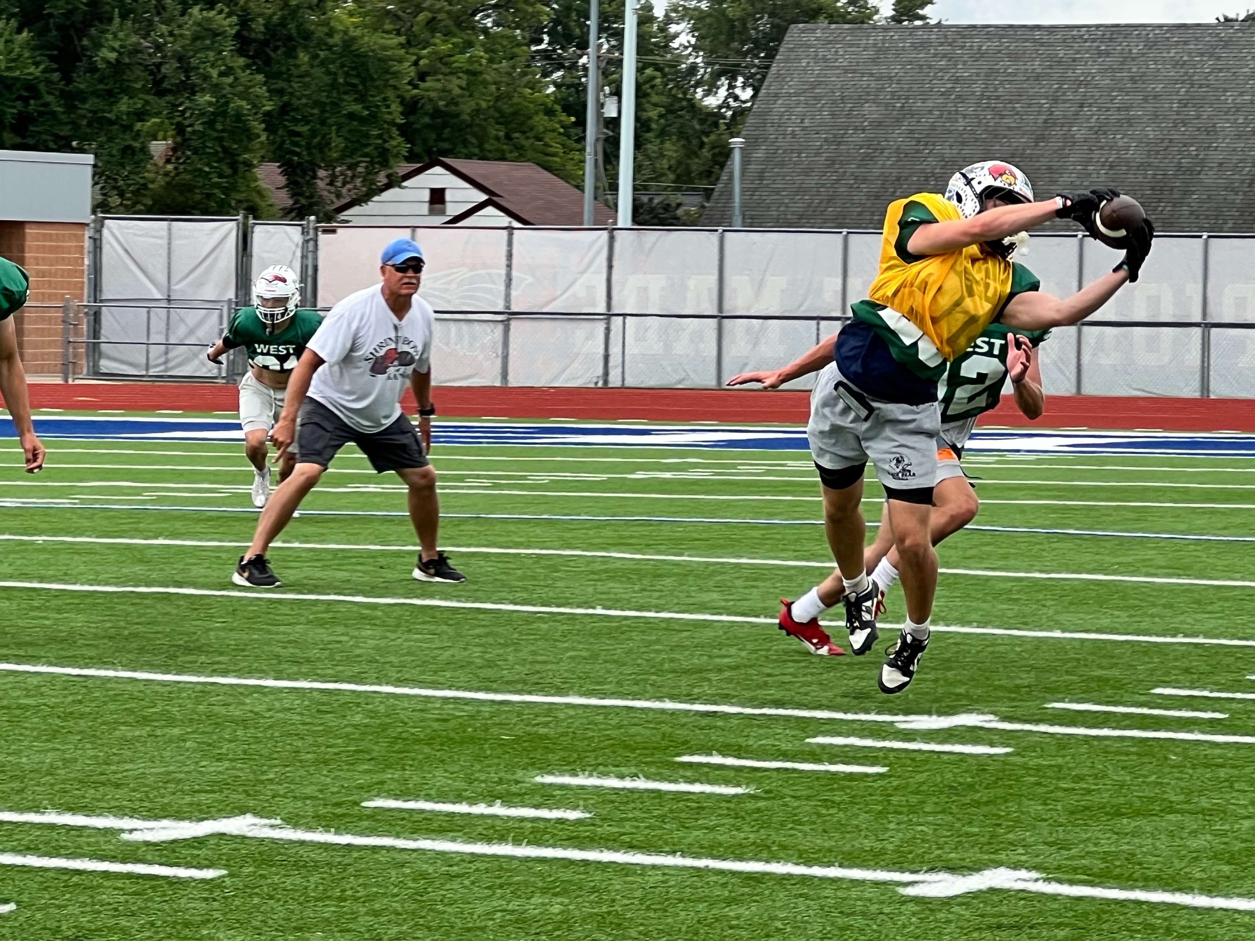 Sterling’s Zane Farney makes a catch during a drill at Kansas Shrine Bowl West Team camp Tuesday, June 23, 2026, at Gowans Stadium in Hutchinson, Kan. (Hutch Post Photo/Sean Boston)