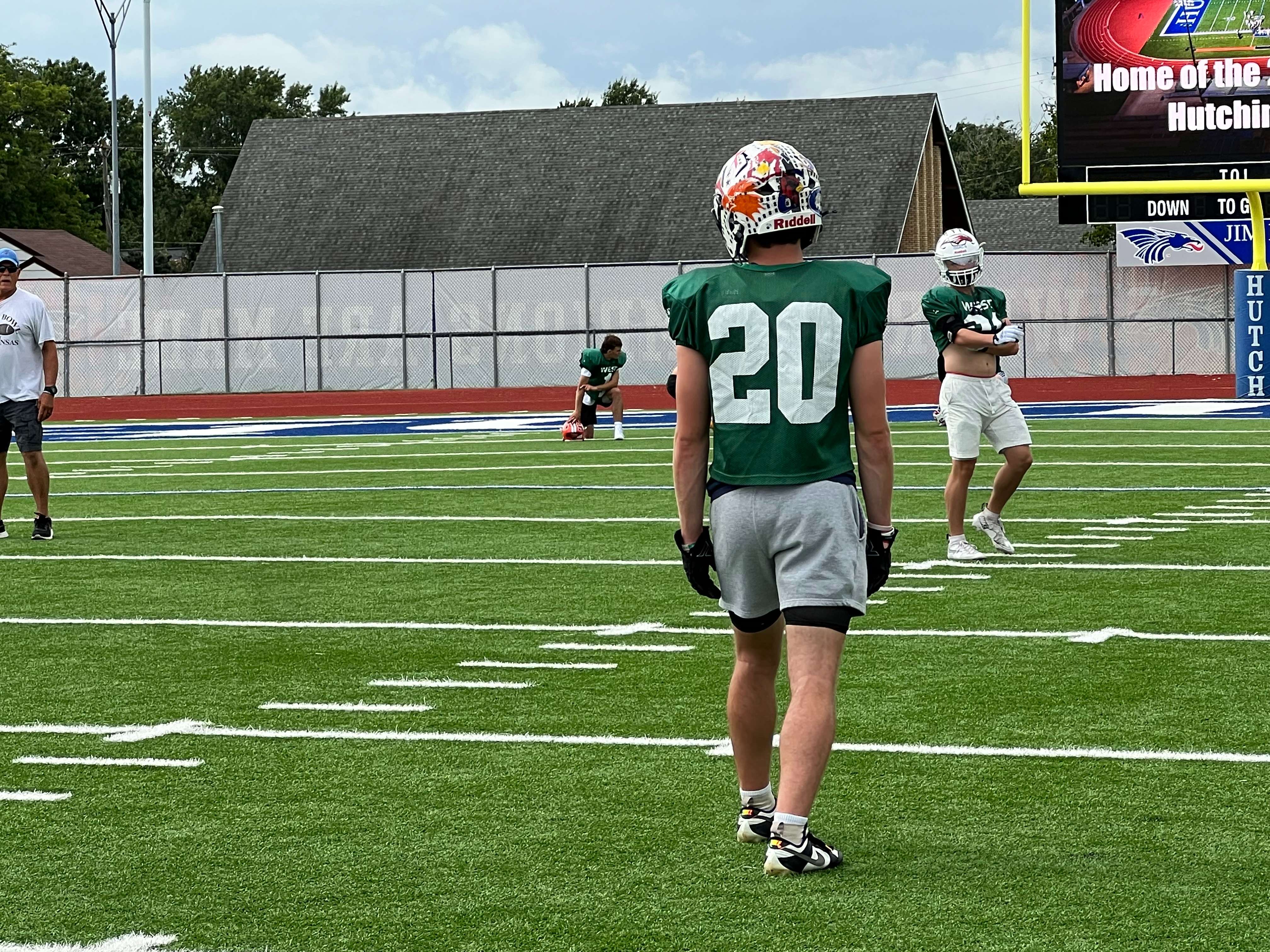 Sterling’s Zane Farney lines up during a drill at Kansas Shrine Bowl West Team camp Tuesday, June 23, 2026, at Gowans Stadium in Hutchinson, Kan. (Hutch Post Photo/Sean Boston)