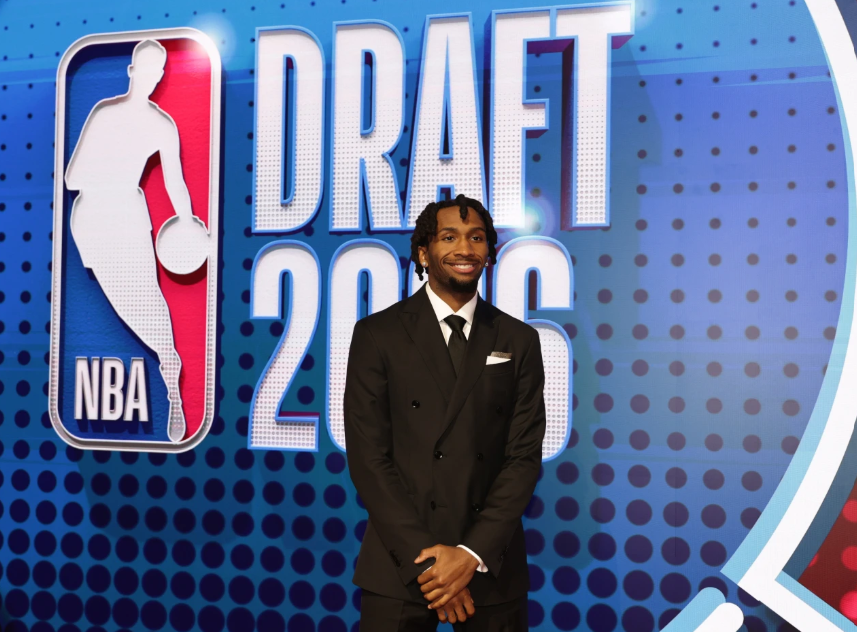 Darryn Peterson arrives for the first round of the NBA basketball draft Tuesday, June 23, 2026, in New York. (AP Photo/Adam Hunger)