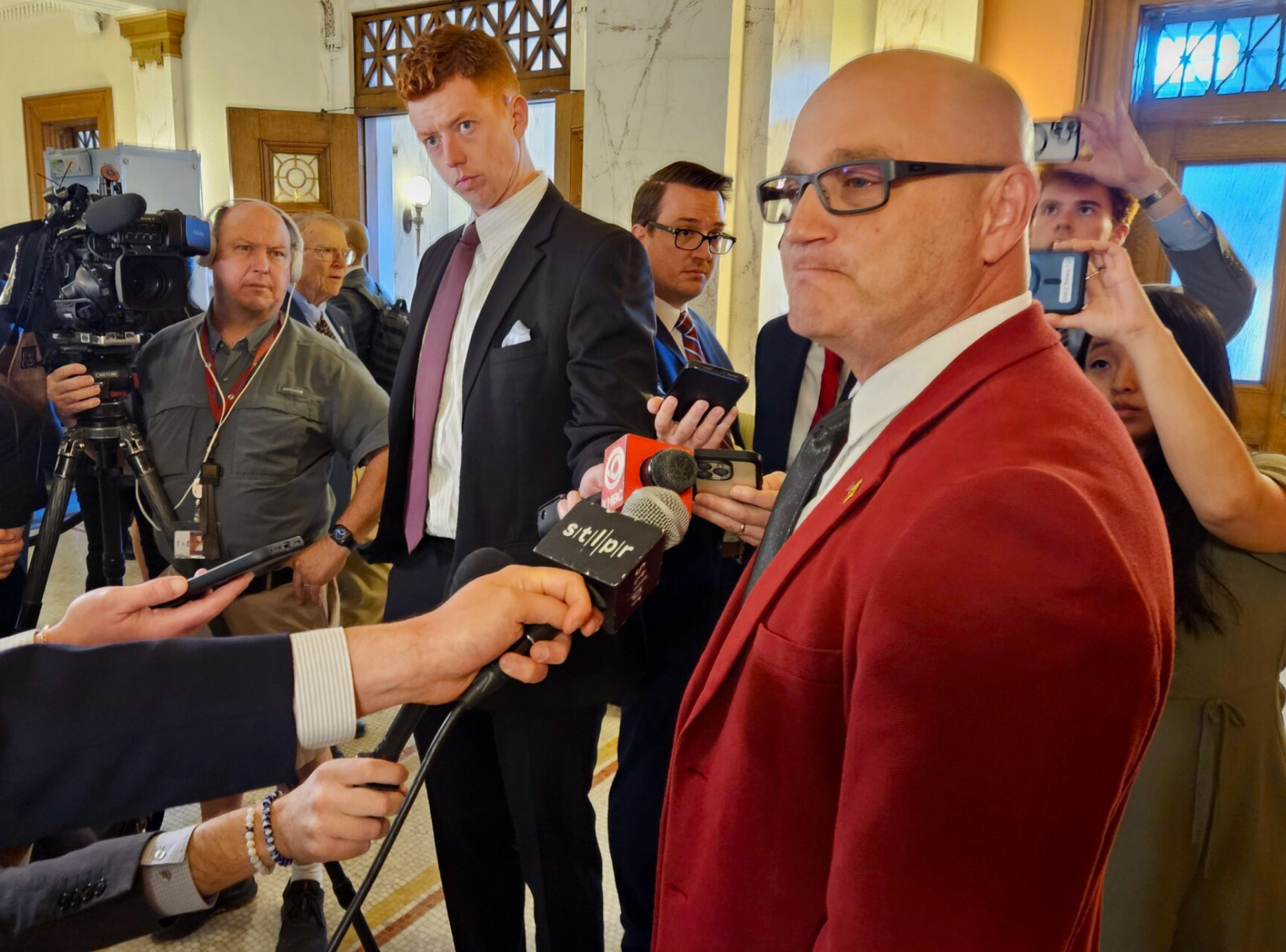 Missouri Secretary of State Denny Hoskins speaks to reporters May 12 after the Missouri Supreme Court heard arguments on two cases involving the state's gerrymandered redistricting map (Rudi Keller/Missouri Independent).