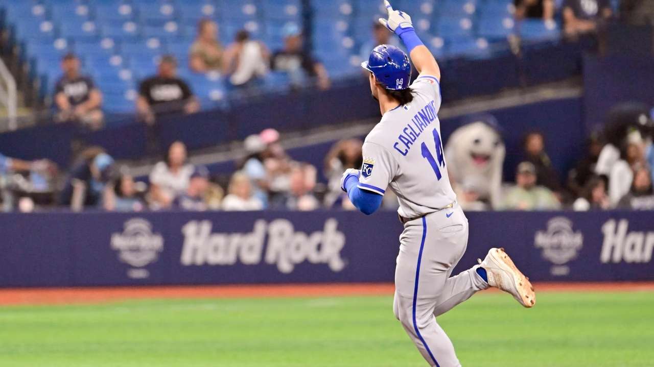 Kansas City Royals' Jac Caglianone rounds the base after his two-run home run during the fifth inning of a baseball game against the Tampa Bay Rays Tuesday, June 23, 2026, in St. Petersburg, Fla. (AP Photo/Jason Behnken)