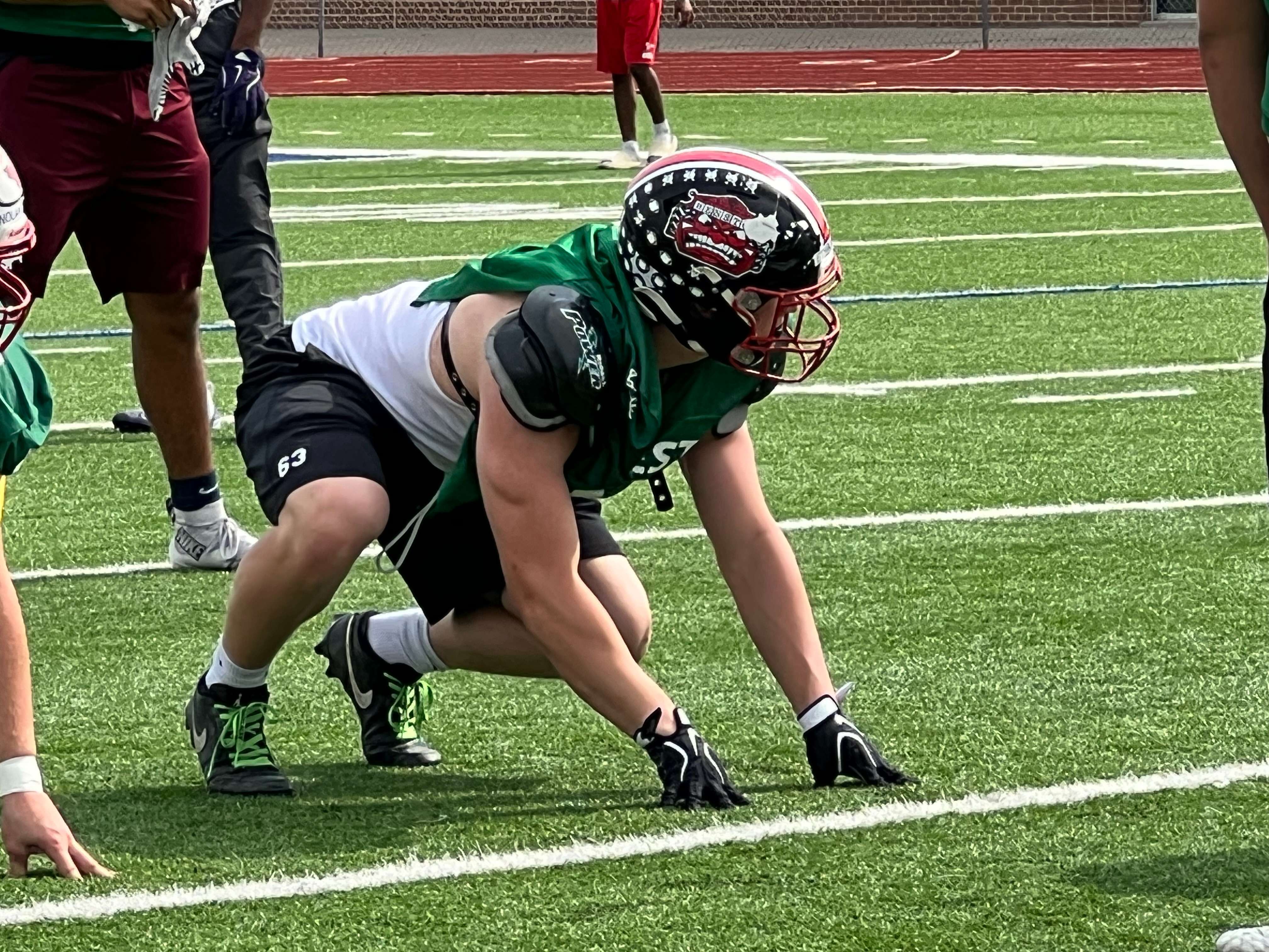 Hesston's Ethan Coutre goes lines up for a defensive rep at the Kansas Shrine Bowl practice at Gowans Stadium on Tuesday, June 23, 2026. (Hutch Post Photo/Sean Boston)