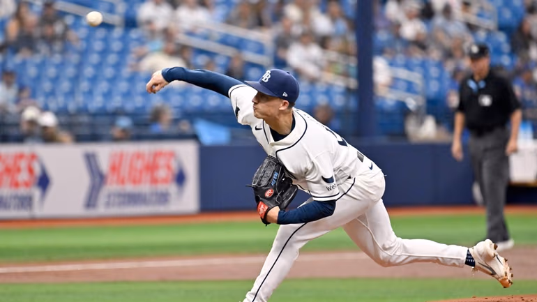 Tampa Bay Rays pitcher Griffin Jax throws during the first inning of a baseball game against the Kansas City Royals Wednesday, June 24, 2026, in St. Petersburg, Fla. (AP Photo/Jason Behnken)