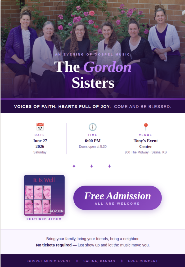 The Gordon Sisters concert flyer at the&nbsp;<b>Tony's Pizza Events Center (800 The Midway)&nbsp;</b>on<b>&nbsp;Saturday, June 27&nbsp;</b>at<b>&nbsp;6:00 pm,&nbsp;</b>with doors opening at<b>&nbsp;5:30 pm.</b>
