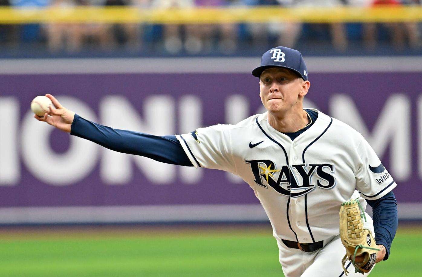 Tampa Bay Rays pitcher Casey Legumina throws during the first inning of a baseball game against the Kansas City Royals, Thursday, June 25, 2026, in St. Petersburg, Fla. (AP Photo/Jason Behnken)