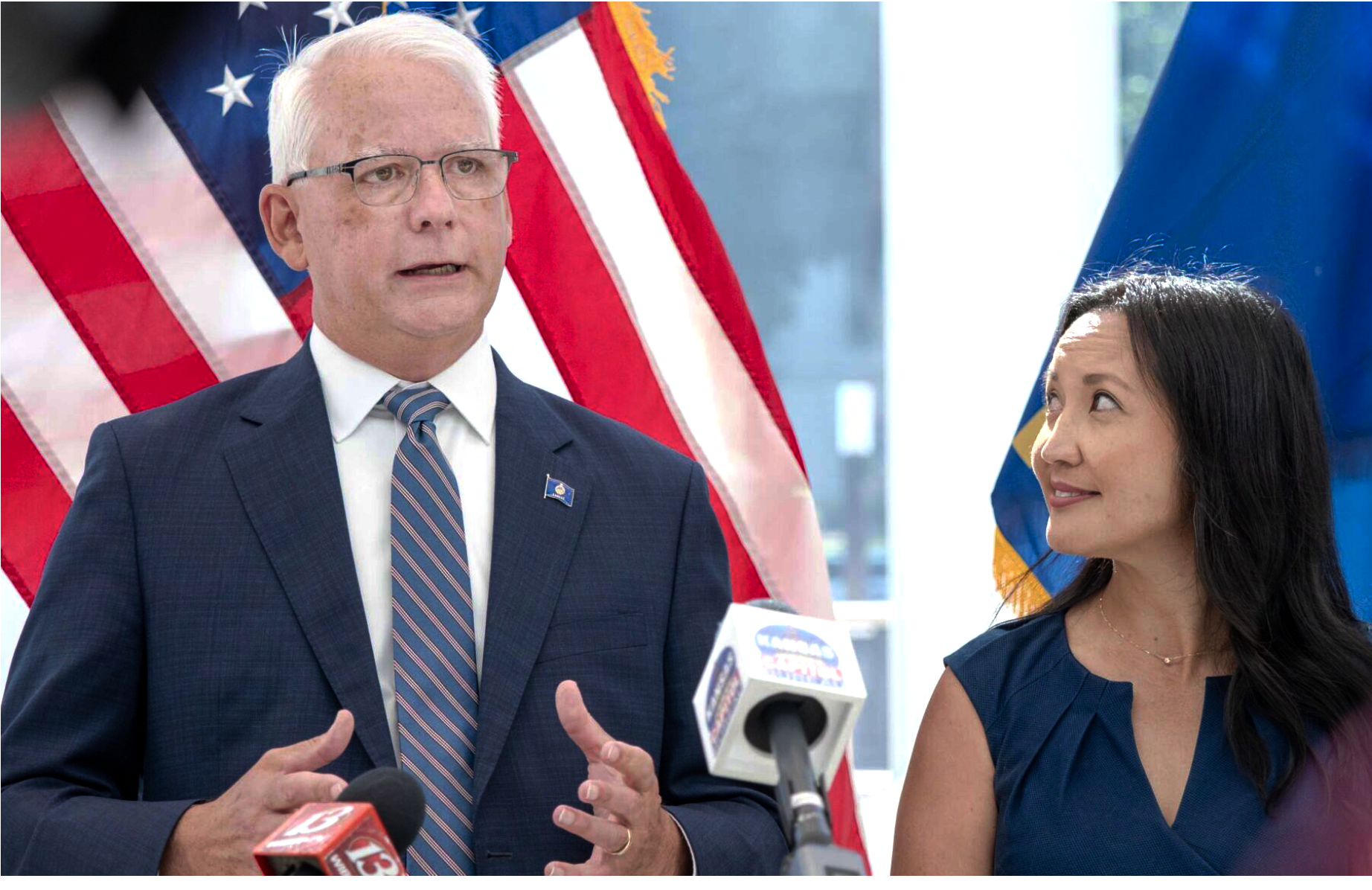  Overland Park Mayor Curt Skoog and his running mate Jennifer Bacani McKenney launch his campaign for governor on June 1, 2026, the day of the filing deadline, at the Secretary of State's Office in Topeka. Skoog announced his campaign agenda on June 24. (Photo by Sherman Smith/Kansas Reflector)